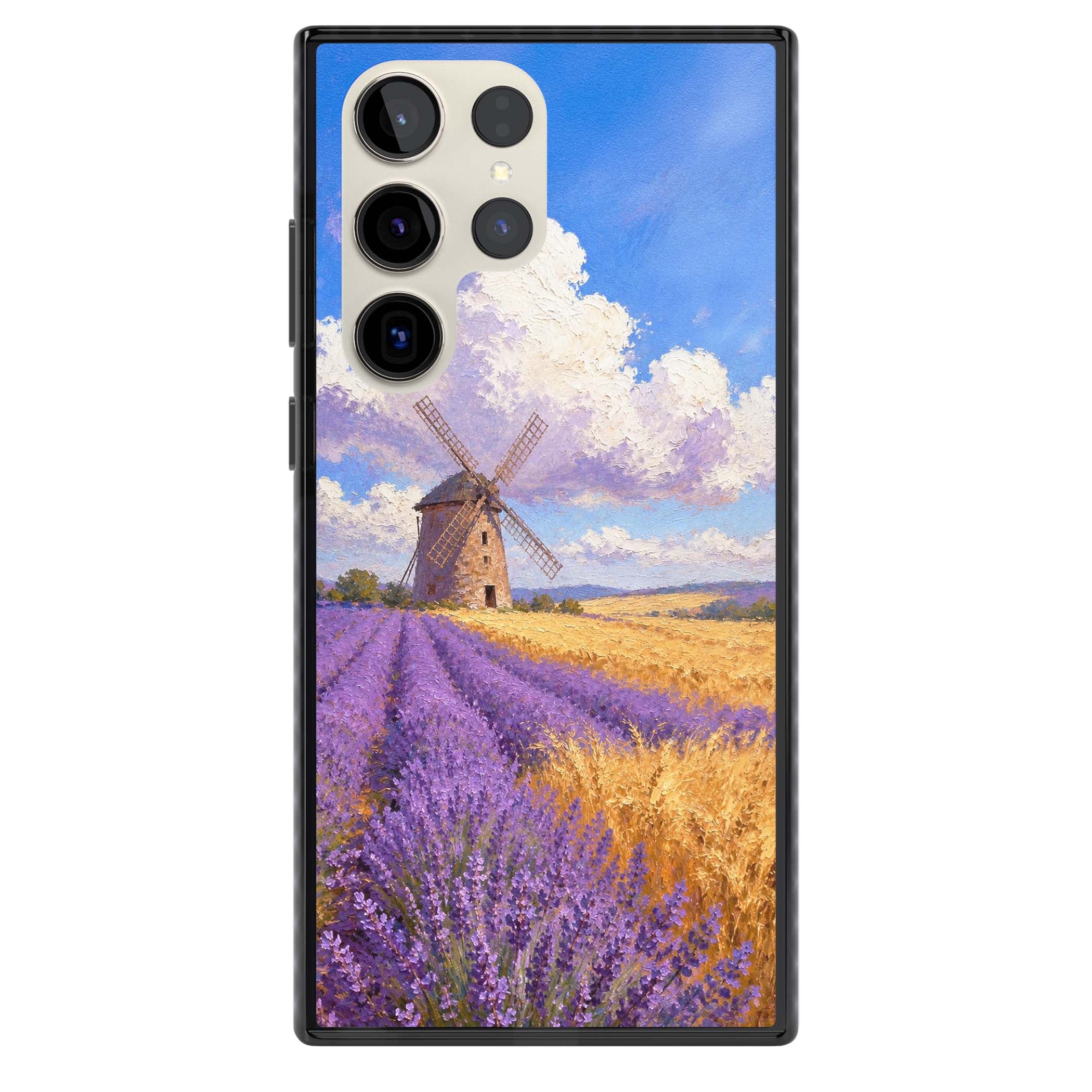 Lavender Mill cottagecore iPhone case featuring a French windmill, lavender field and golden wheat oil painting | Black Impact case for Samsung Galaxy S24 Ultra, Samsung Galaxy S23 Ultra, Samsung Galaxy S22 Ultra