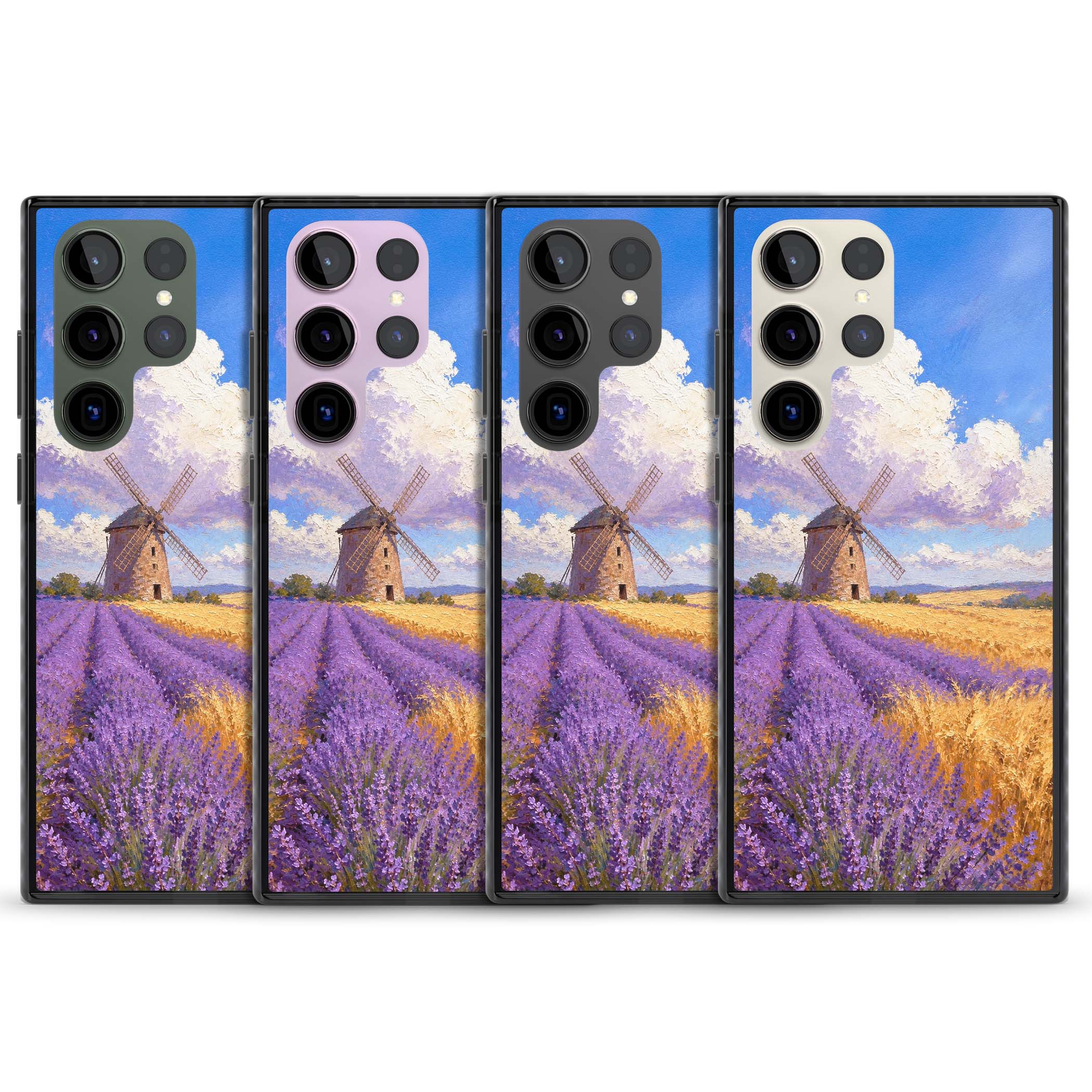 Lavender Mill cottagecore iPhone case featuring a French windmill, lavender field and golden wheat oil painting | Black Impact case for Samsung Galaxy S24 Ultra, Samsung Galaxy S23 Ultra, Samsung Galaxy S22 Ultra