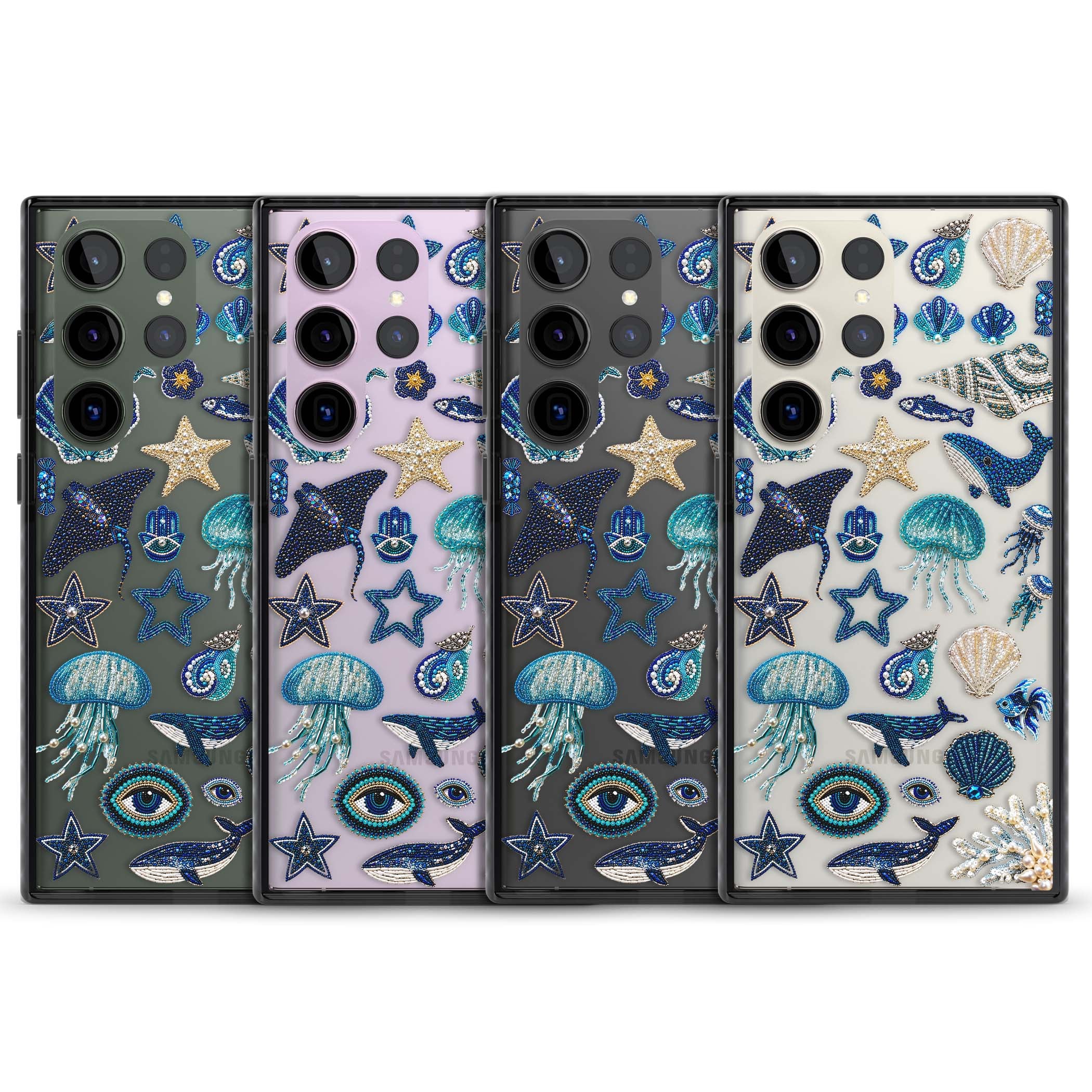 Beaded Coastal coastal iPhone case featuring embroidered seashells, jellyfish and a blue whale on clear | Black Impact case for Samsung Galaxy S24 Ultra, Samsung Galaxy S23 Ultra, Samsung Galaxy S22 Ultra