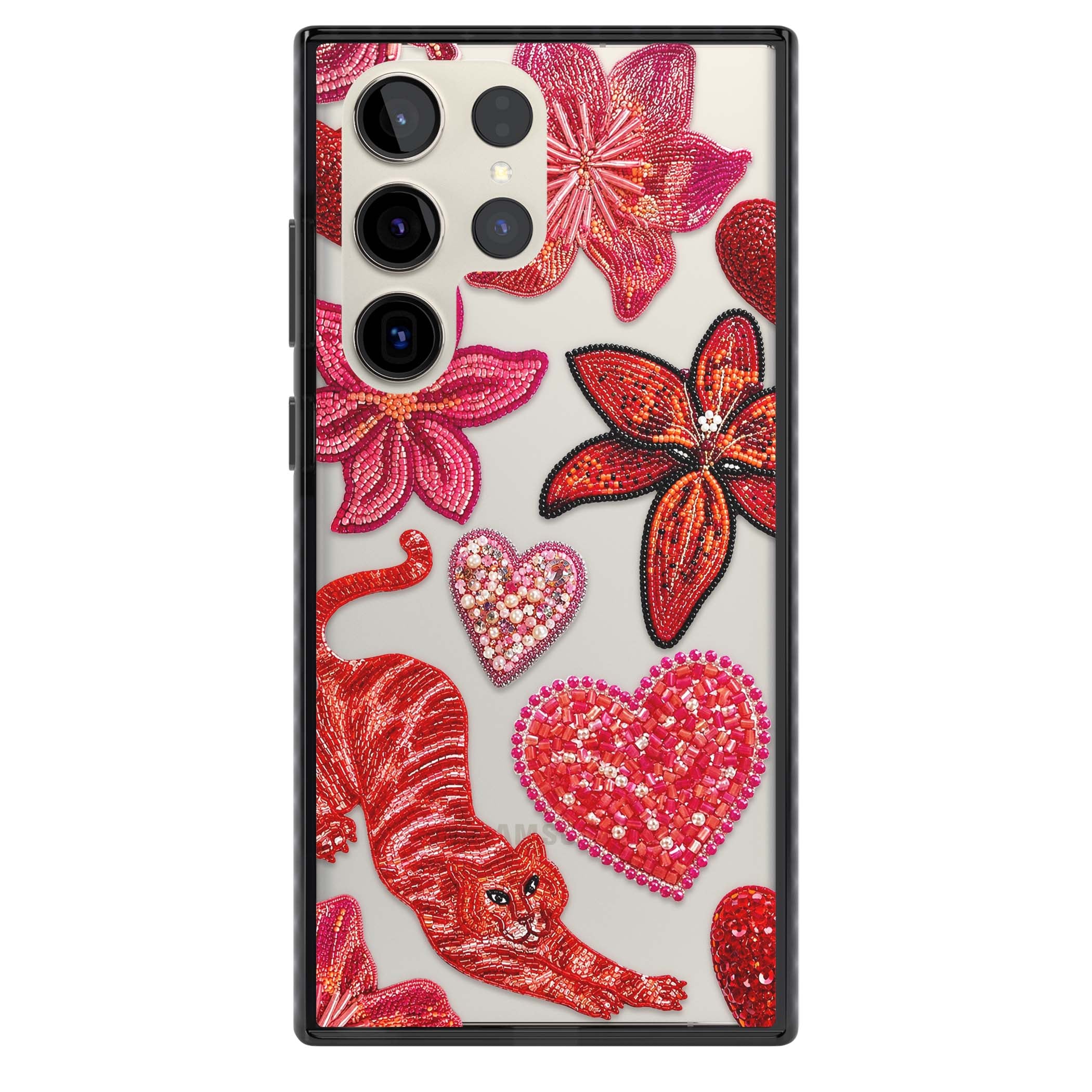 Beaded Boho floral iPhone case featuring beaded red lilies, a stitched tiger, and pearl-encrusted hearts on clear | Black Impact case for Samsung Galaxy S24 Ultra, Samsung Galaxy S23 Ultra, Samsung Galaxy S22 Ultra
