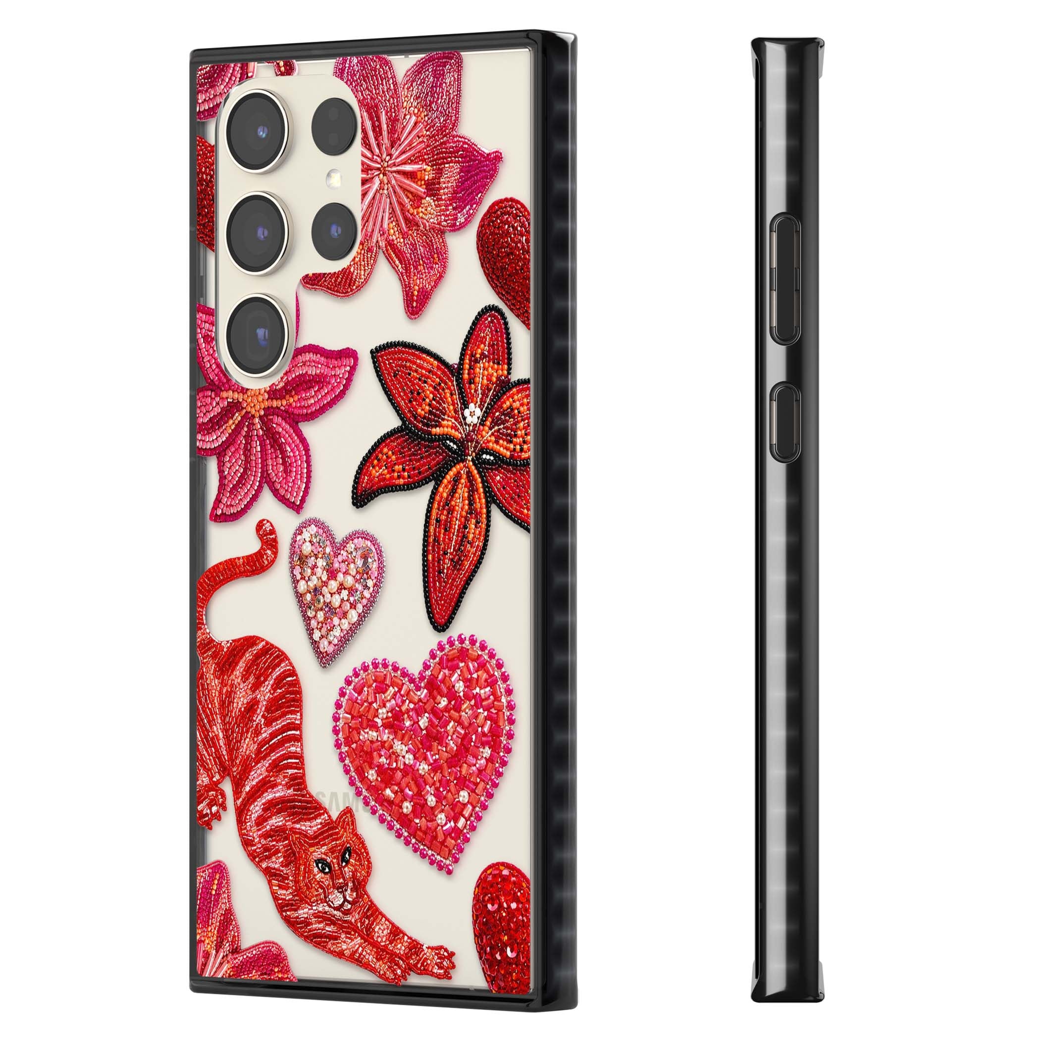 Beaded Boho floral iPhone case featuring beaded red lilies, a stitched tiger, and pearl-encrusted hearts on clear | Black Impact case for Samsung Galaxy S24 Ultra, Samsung Galaxy S23 Ultra, Samsung Galaxy S22 Ultra
