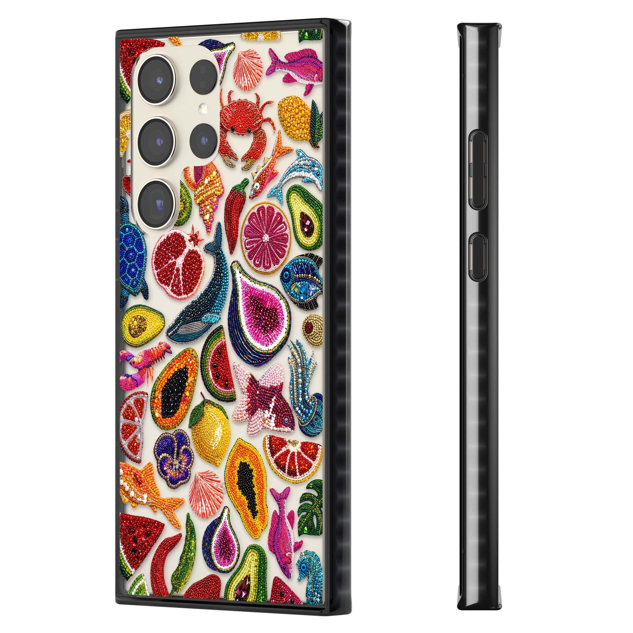 Beaded Tropic tropical iPhone case featuring beaded fruit, fish, crabs and seashells in vibrant colour | Black Impact case for Samsung Galaxy S24 Ultra, Samsung Galaxy S23 Ultra, Samsung Galaxy S22 Ultra