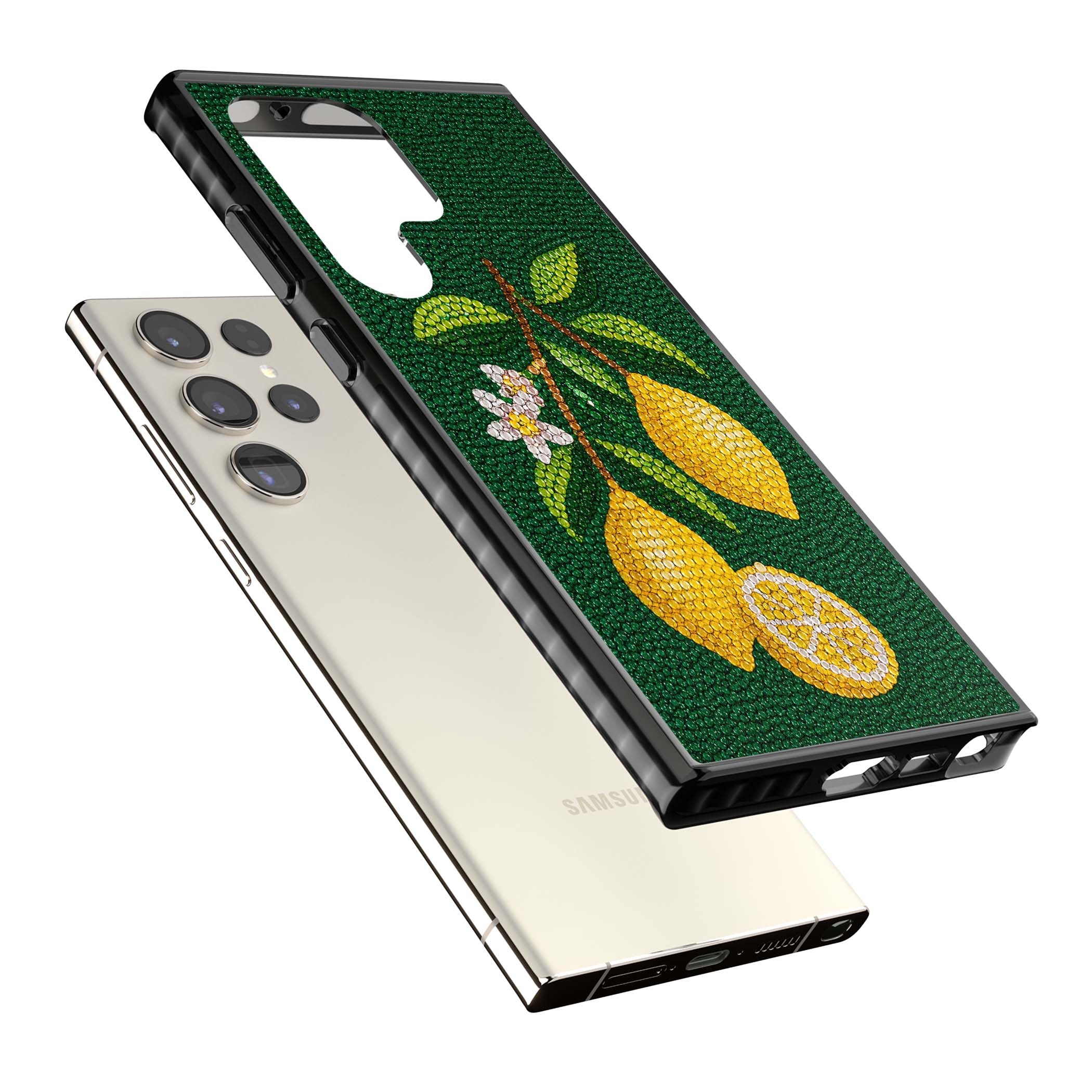 Beaded Lemons coastal iPhone case featuring crystal-beaded lemons, citrus blossom and green leaves on emerald ground | Black Impact case for Samsung Galaxy S24 Ultra, Samsung Galaxy S23 Ultra, Samsung Galaxy S22 Ultra