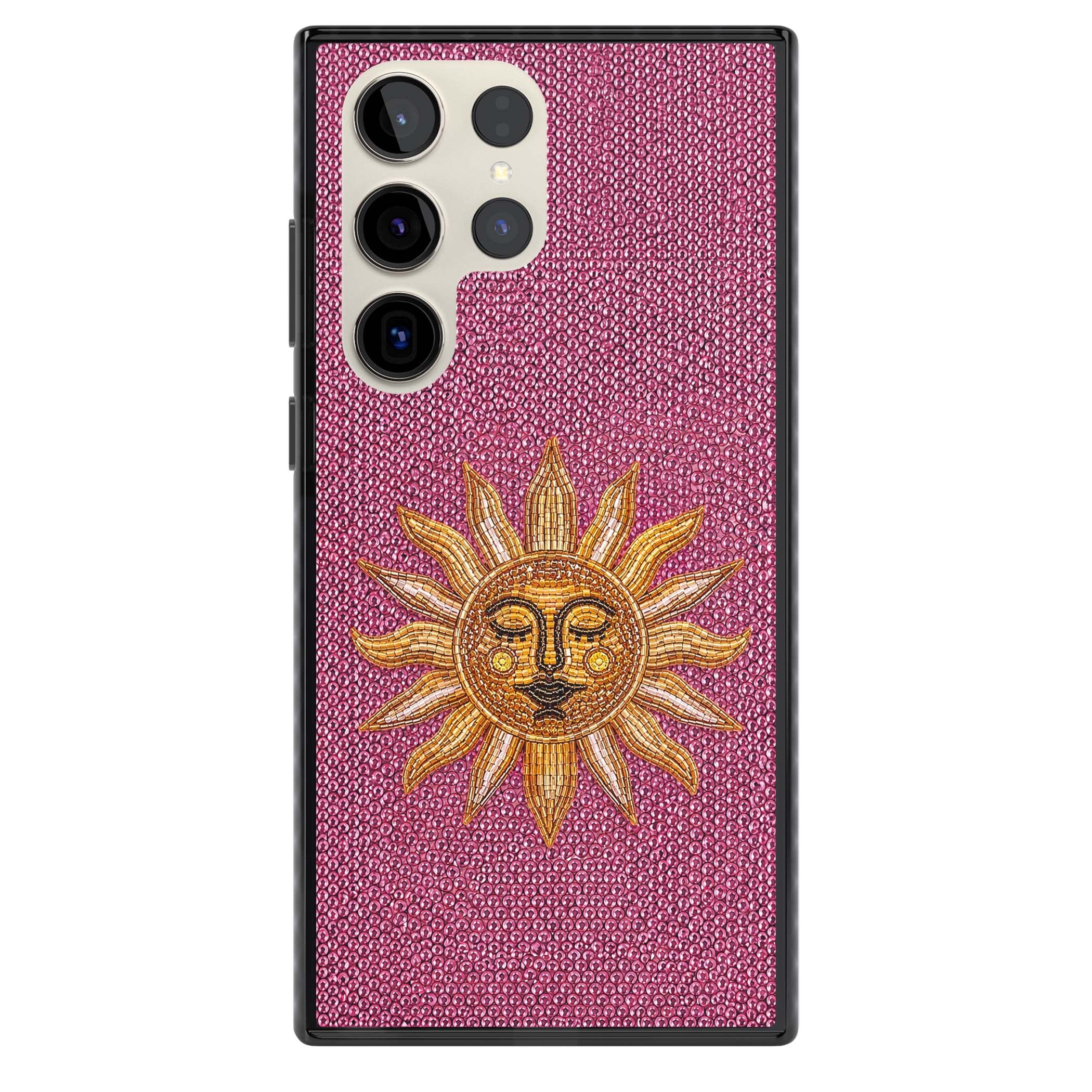 Beaded Sun celestial iPhone case featuring a golden beaded sun face with radiant rays on hot pink beaded background | Black Impact case for Samsung Galaxy S24 Ultra, Samsung Galaxy S23 Ultra, Samsung Galaxy S22 Ultra