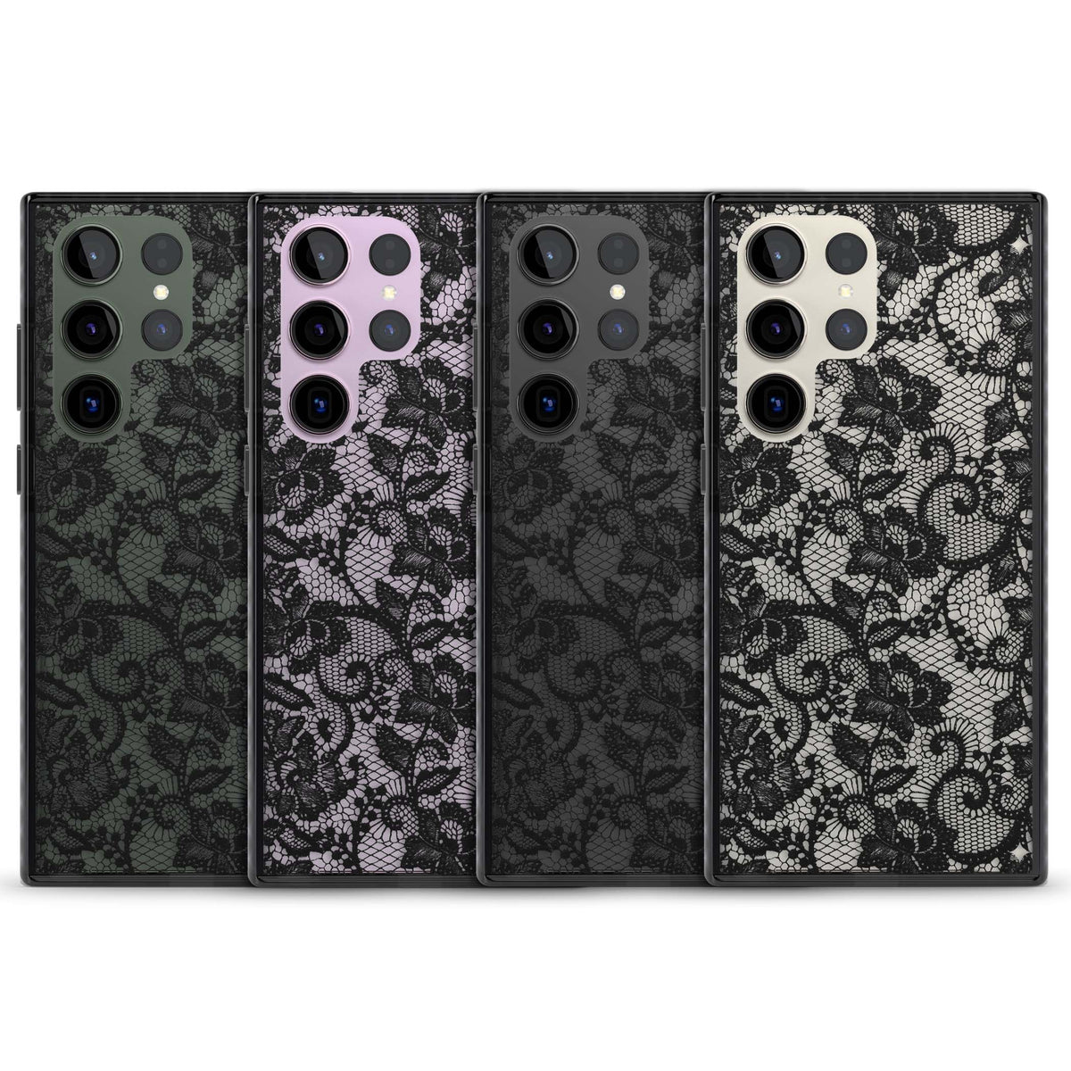 Black Lace gothic iPhone case featuring intricate black floral lace pattern with vintage whimsigoth detail | Black Impact case for Samsung Galaxy S24 Ultra, Samsung Galaxy S23 Ultra, Samsung Galaxy S22 Ultra