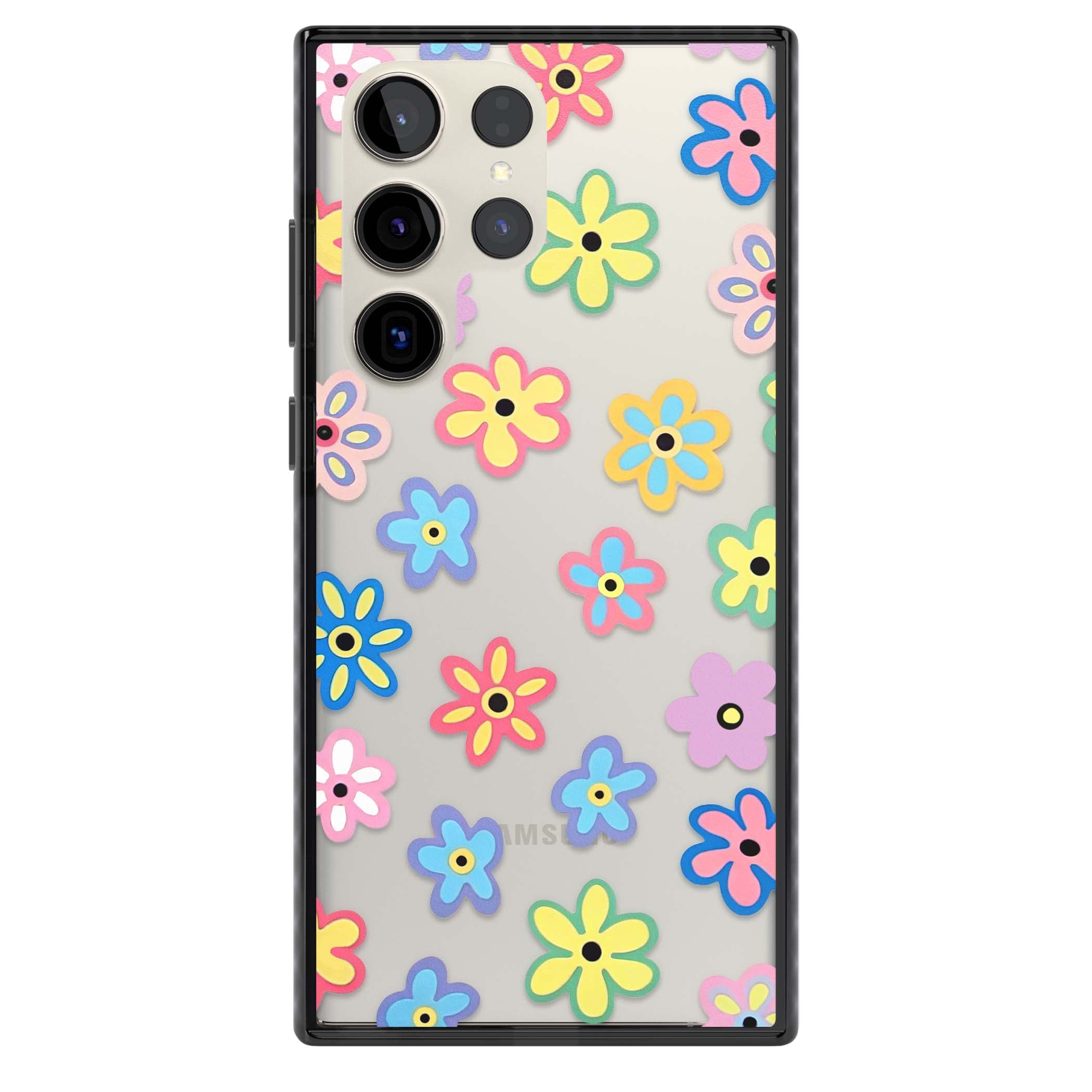 Bloom Pop cottagecore iPhone case featuring multicolor pastel flowers with black centers on clear background | Black Impact case for Samsung Galaxy S24 Ultra, Samsung Galaxy S23 Ultra, Samsung Galaxy S22 Ultra
