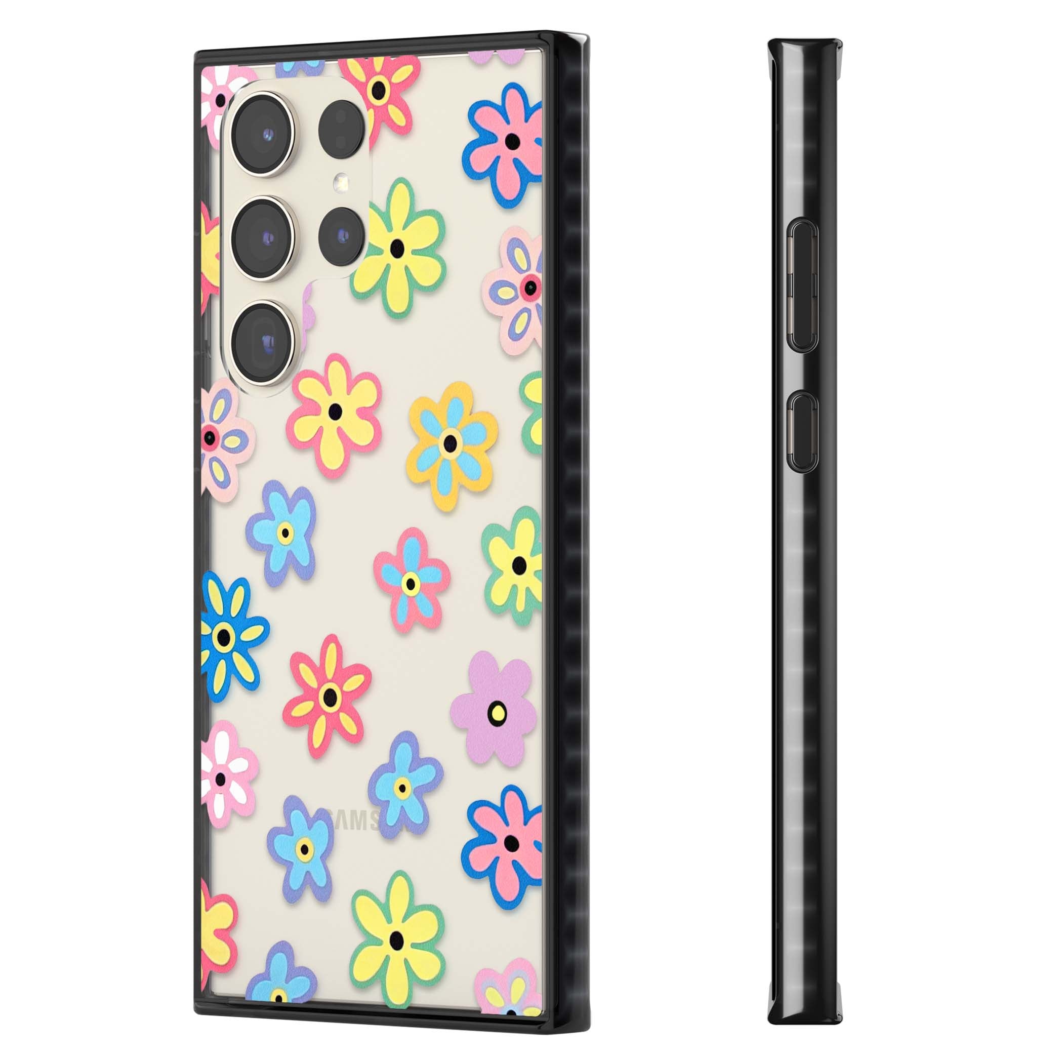 Bloom Pop cottagecore iPhone case featuring multicolor pastel flowers with black centers on clear background | Black Impact case for Samsung Galaxy S24 Ultra, Samsung Galaxy S23 Ultra, Samsung Galaxy S22 Ultra