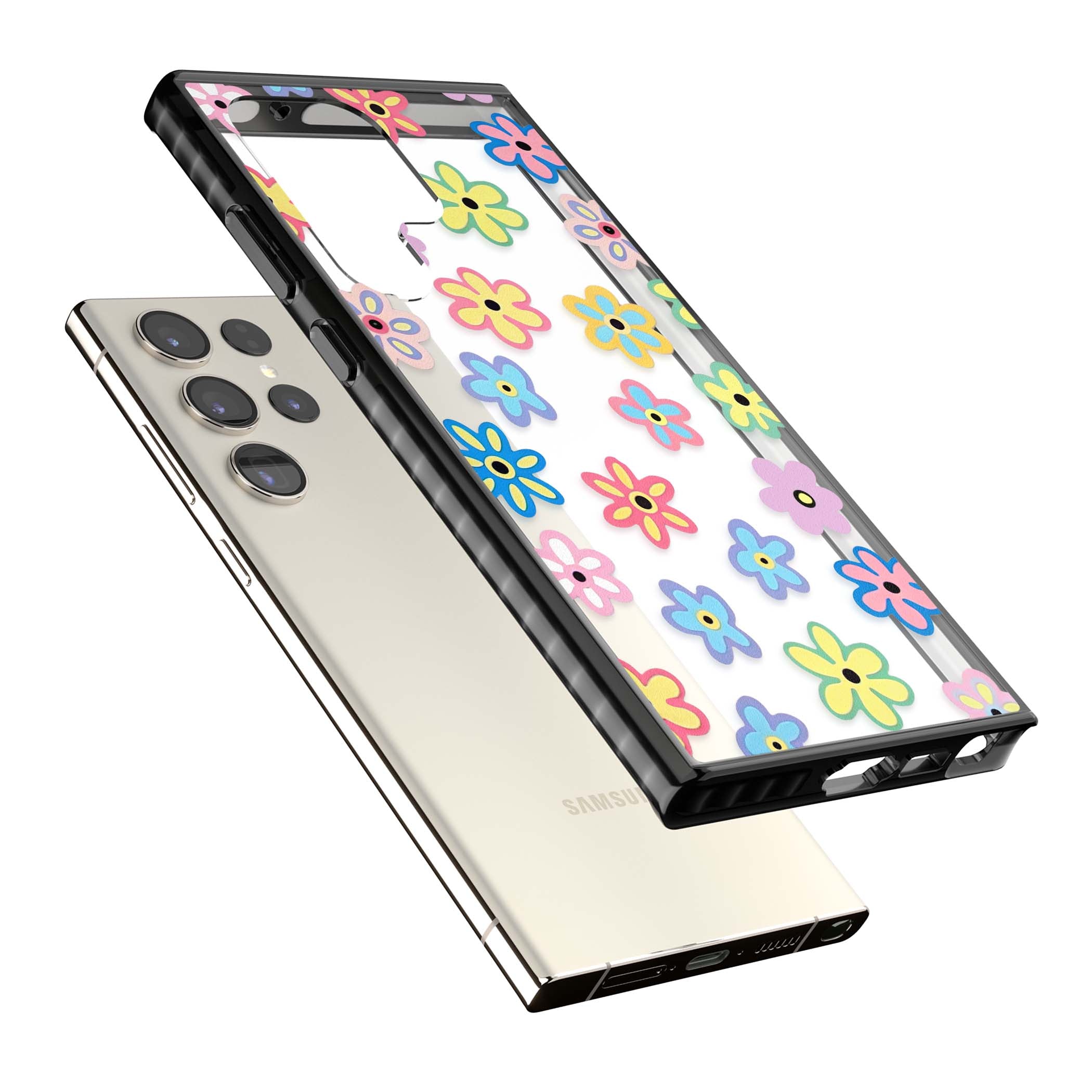 Bloom Pop cottagecore iPhone case featuring multicolor pastel flowers with black centers on clear background | Black Impact case for Samsung Galaxy S24 Ultra, Samsung Galaxy S23 Ultra, Samsung Galaxy S22 Ultra