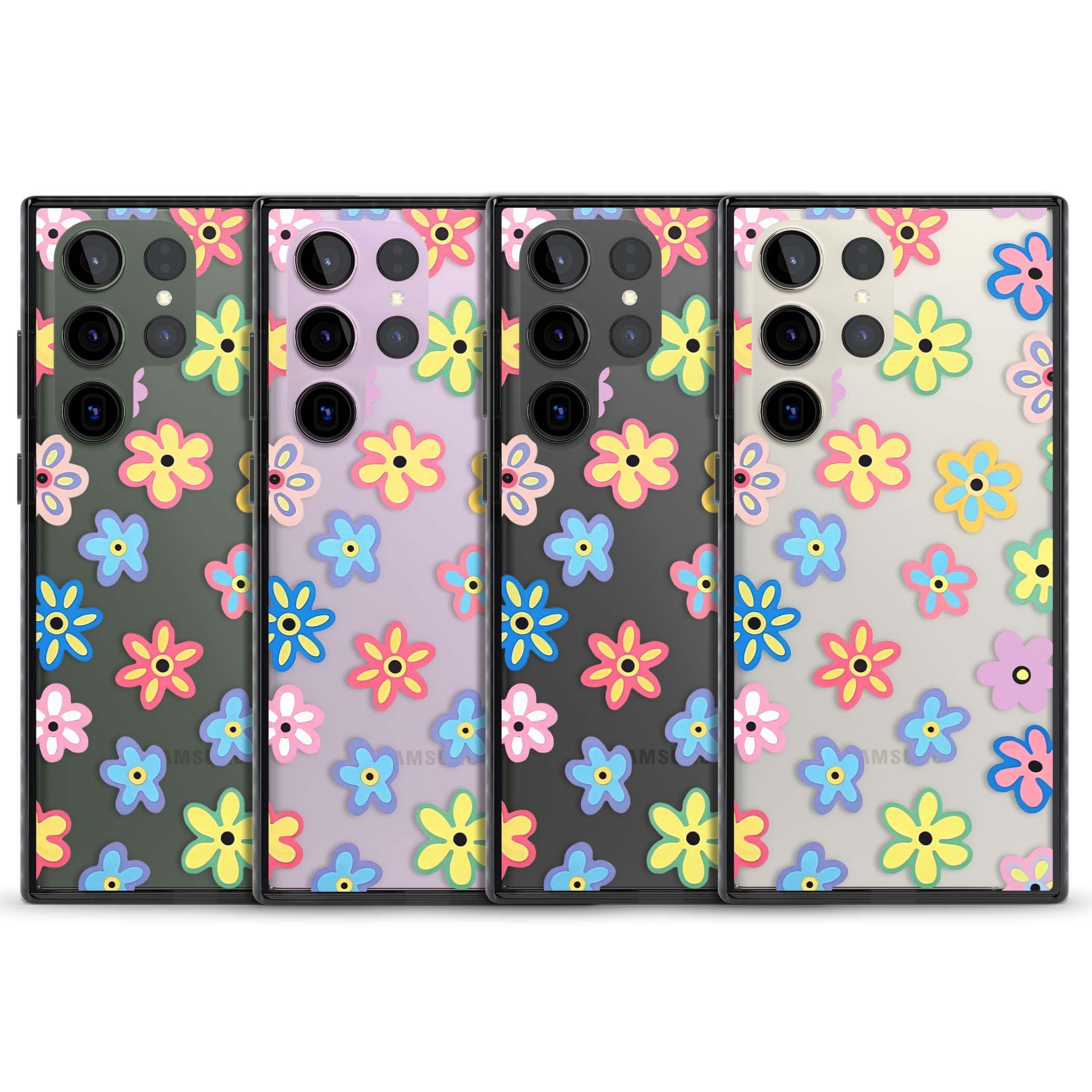Bloom Pop cottagecore iPhone case featuring multicolor pastel flowers with black centers on clear background | Black Impact case for Samsung Galaxy S24 Ultra, Samsung Galaxy S23 Ultra, Samsung Galaxy S22 Ultra