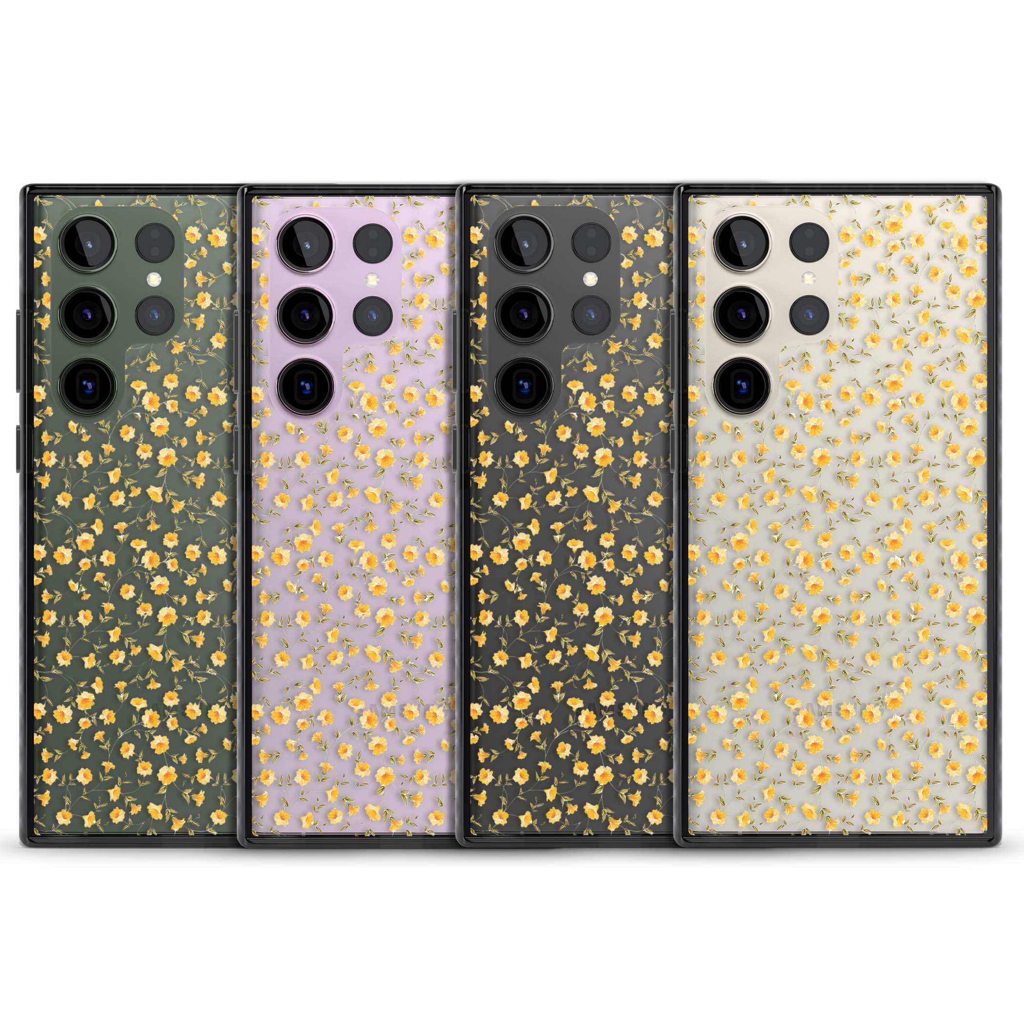 Buttercup wildflower iPhone case featuring tiny yellow flowers and trailing green vines on clear | Black Impact case for Samsung Galaxy S24 Ultra, Samsung Galaxy S23 Ultra, Samsung Galaxy S22 Ultra
