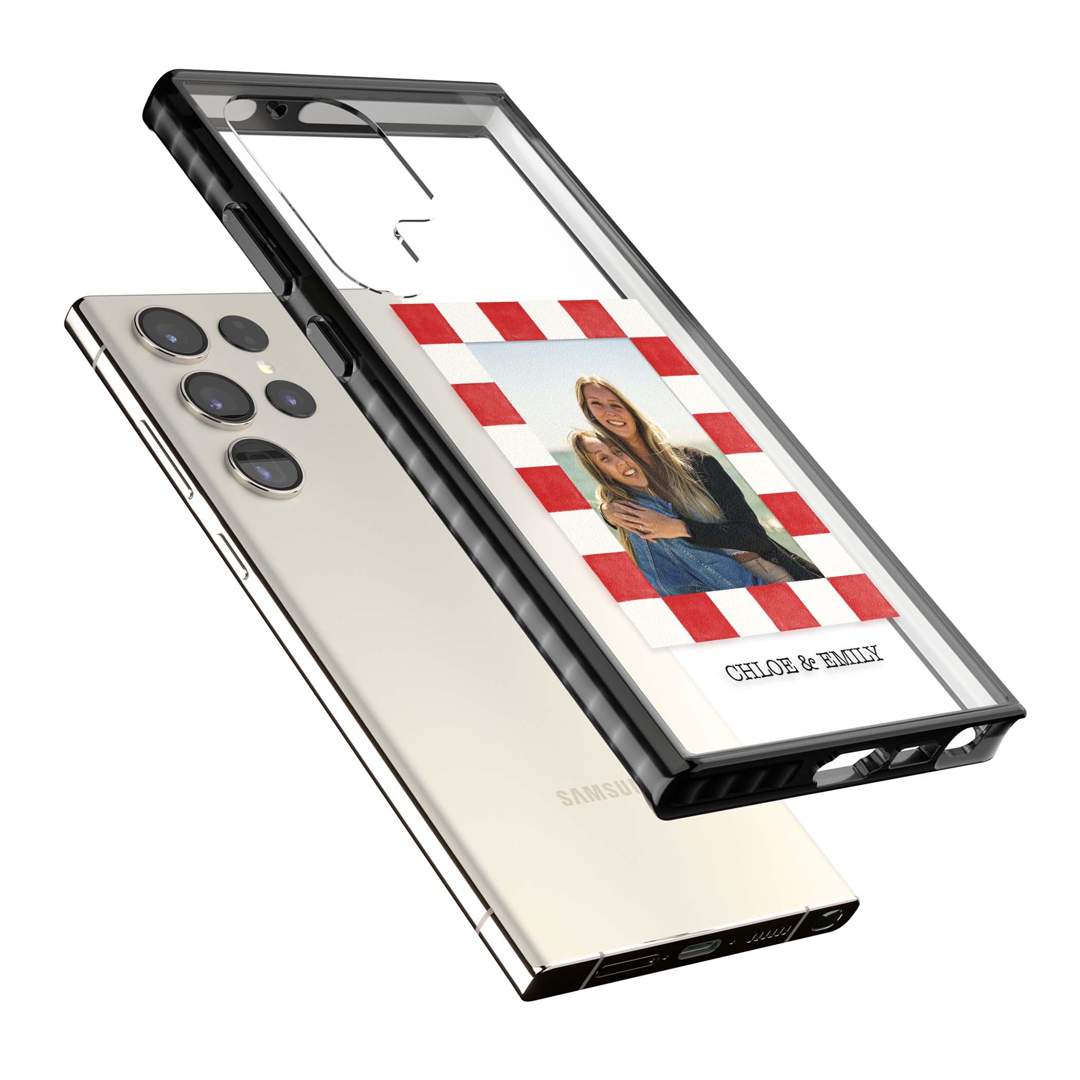 Red Check Photo personalised photo iPhone case with red and white checkered polaroid frame and custom couple name | Black Impact case for Samsung Galaxy S24 Ultra, Samsung Galaxy S23 Ultra, Samsung Galaxy S22 Ultra