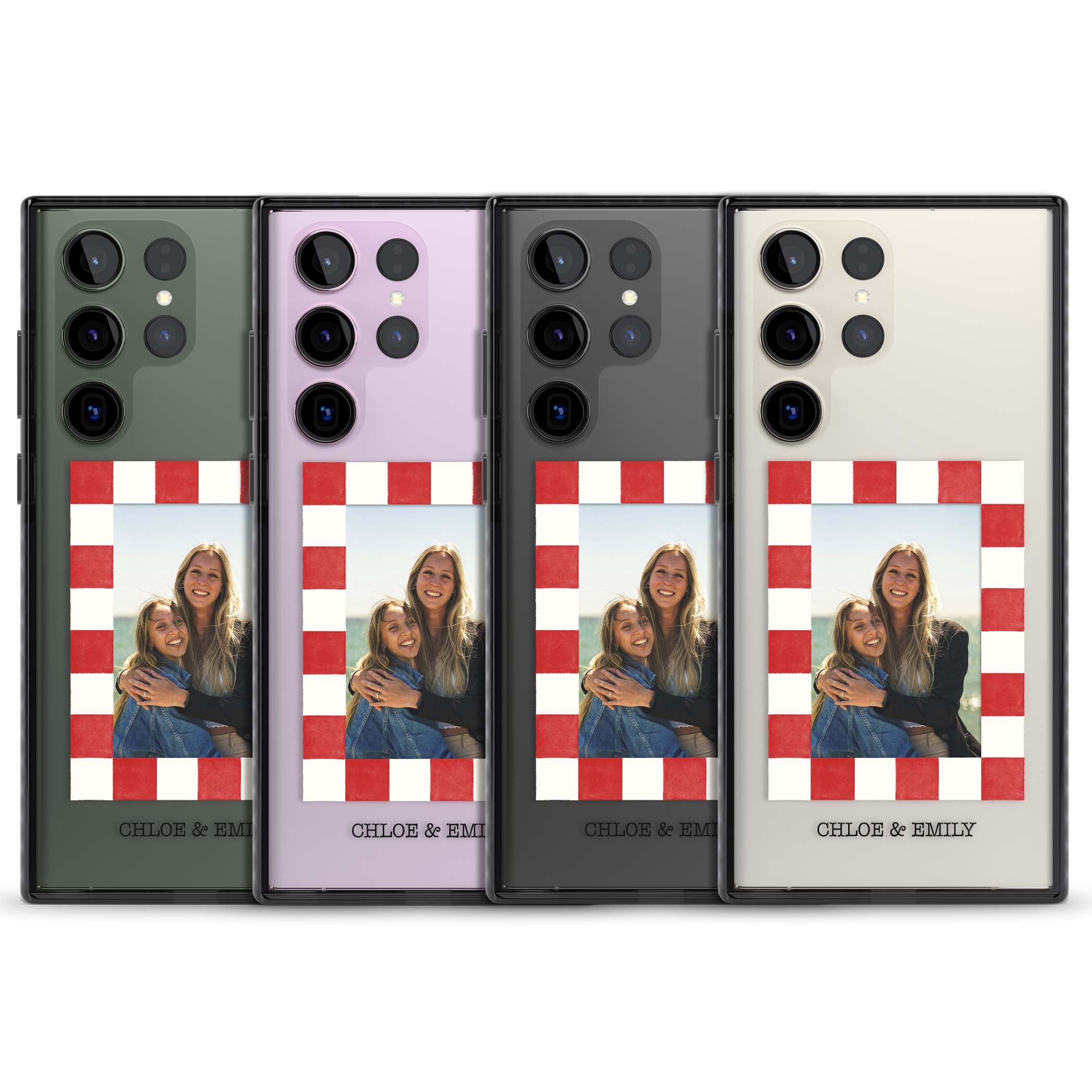 Red Check Photo personalised photo iPhone case with red and white checkered polaroid frame and custom couple name | Black Impact case for Samsung Galaxy S24 Ultra, Samsung Galaxy S23 Ultra, Samsung Galaxy S22 Ultra