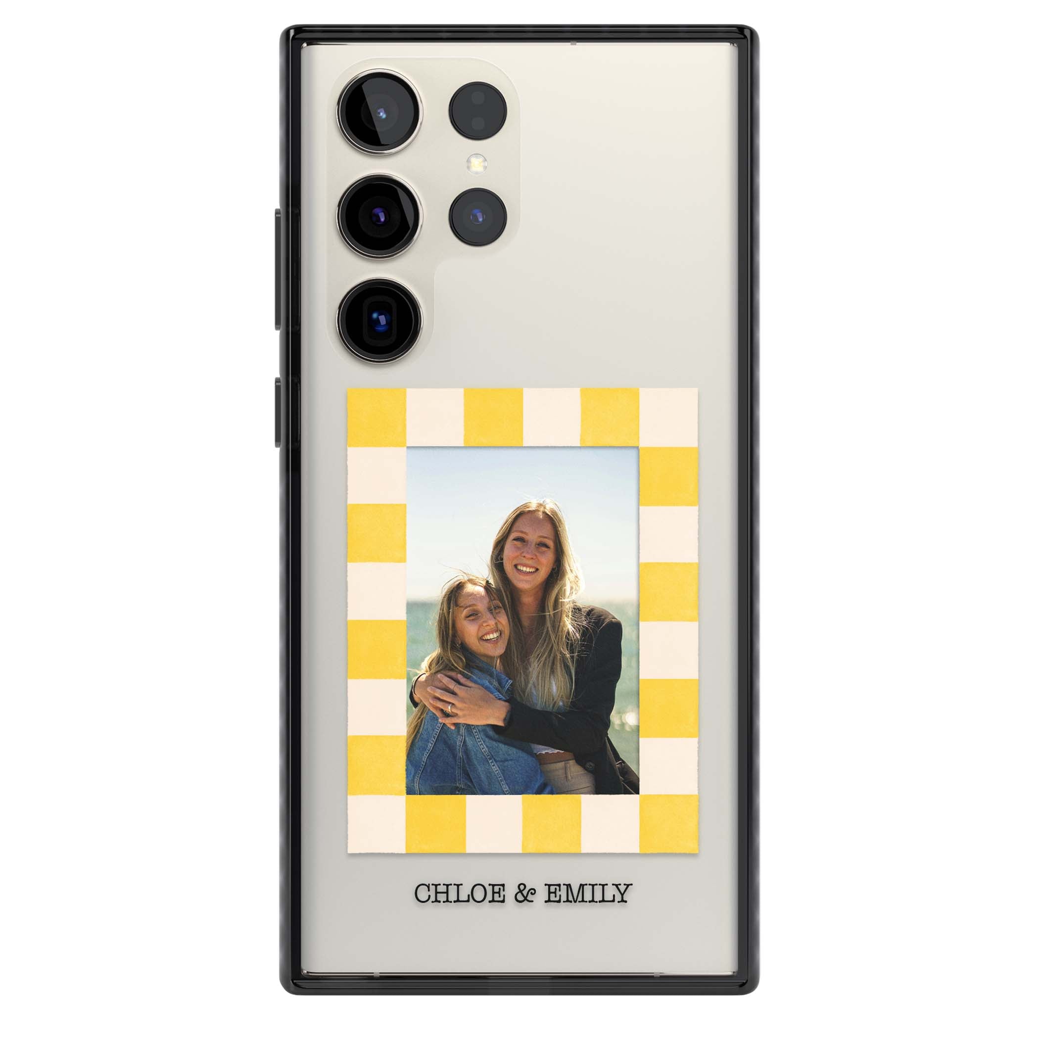 Yellow Check Photo personalised iPhone case with yellow checkered Polaroid frame and custom names beneath | Black Impact case for Samsung Galaxy S24 Ultra, Samsung Galaxy S23 Ultra, Samsung Galaxy S22 Ultra