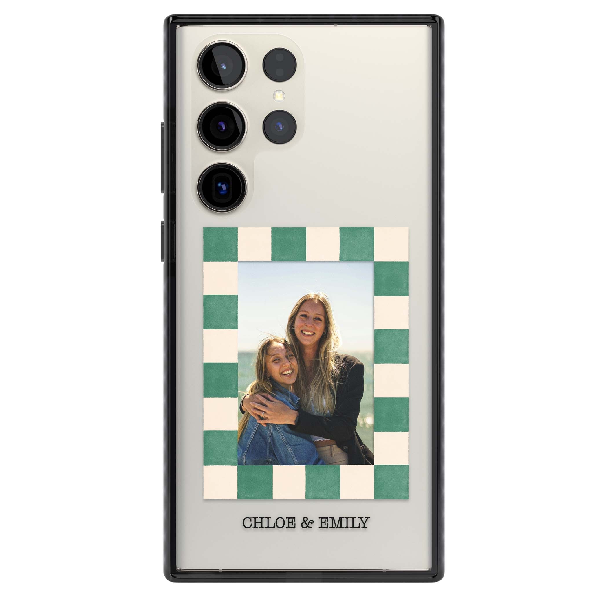 Seafoam Check Photo personalised iPhone case featuring a custom polaroid photo, green and cream checkered frame, and custom n | Black Impact case for Samsung Galaxy S24 Ultra, Samsung Galaxy S23 Ultra, Samsung Galaxy S22 Ultra