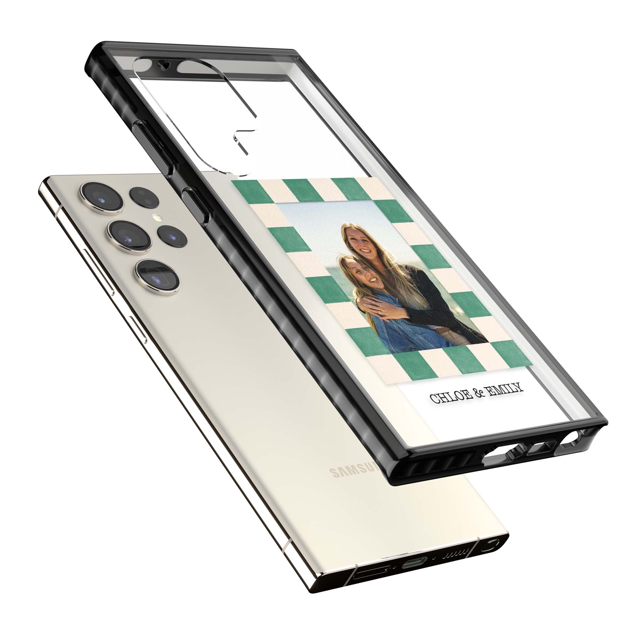 Seafoam Check Photo personalised iPhone case featuring a custom polaroid photo, green and cream checkered frame, and custom n | Black Impact case for Samsung Galaxy S24 Ultra, Samsung Galaxy S23 Ultra, Samsung Galaxy S22 Ultra