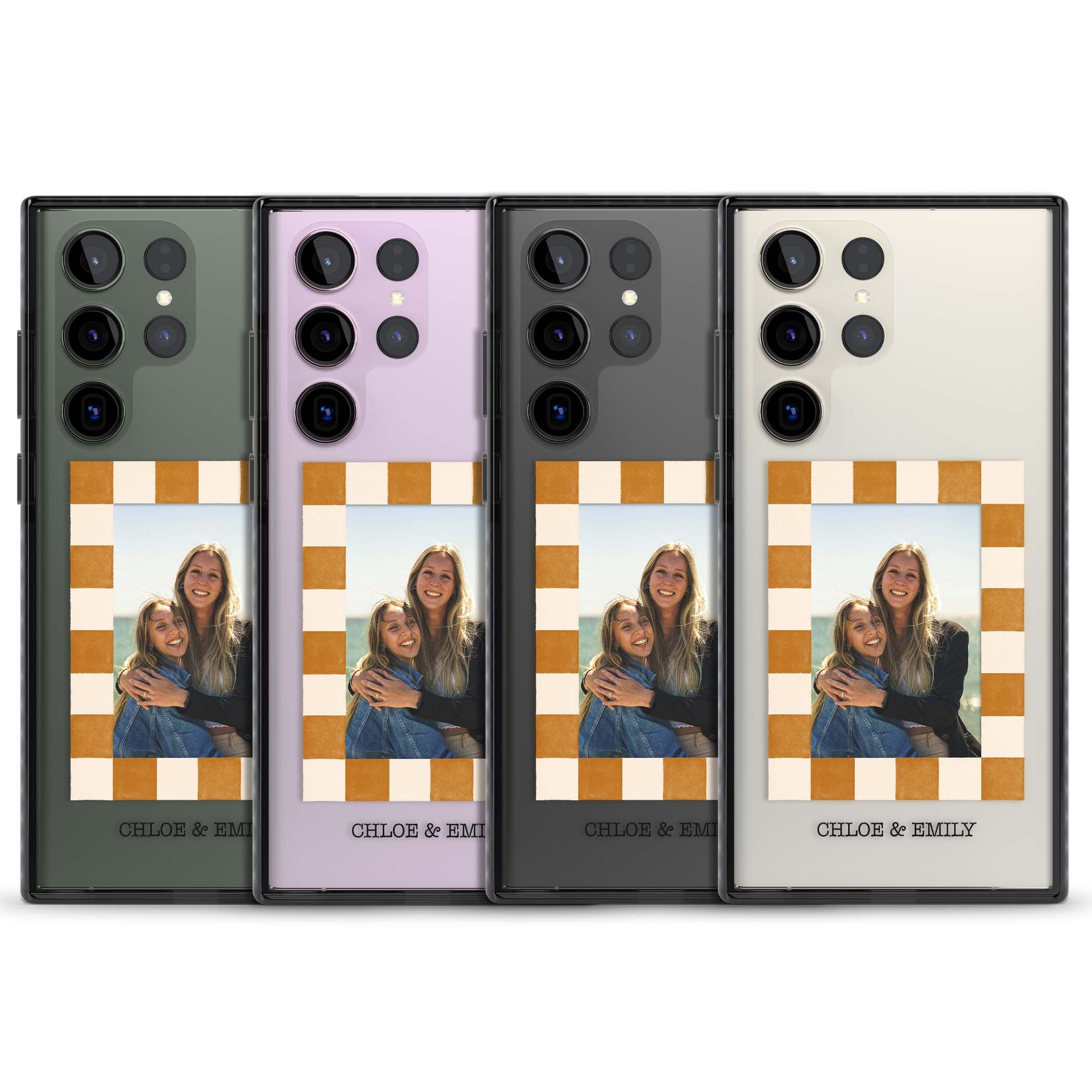 Citrus Check Photo personalised iPhone case with custom photo, orange checkered frame and names underneath | Black Impact case for Samsung Galaxy S24 Ultra, Samsung Galaxy S23 Ultra, Samsung Galaxy S22 Ultra