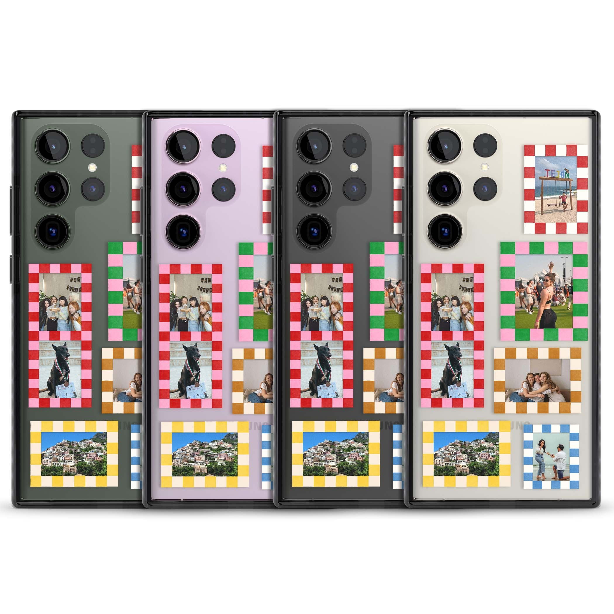 Italian Check Frames custom photo collage iPhone case featuring six checkered photo frames in red, green, pink and | Black Impact case for Samsung Galaxy S24 Ultra, Samsung Galaxy S23 Ultra, Samsung Galaxy S22 Ultra