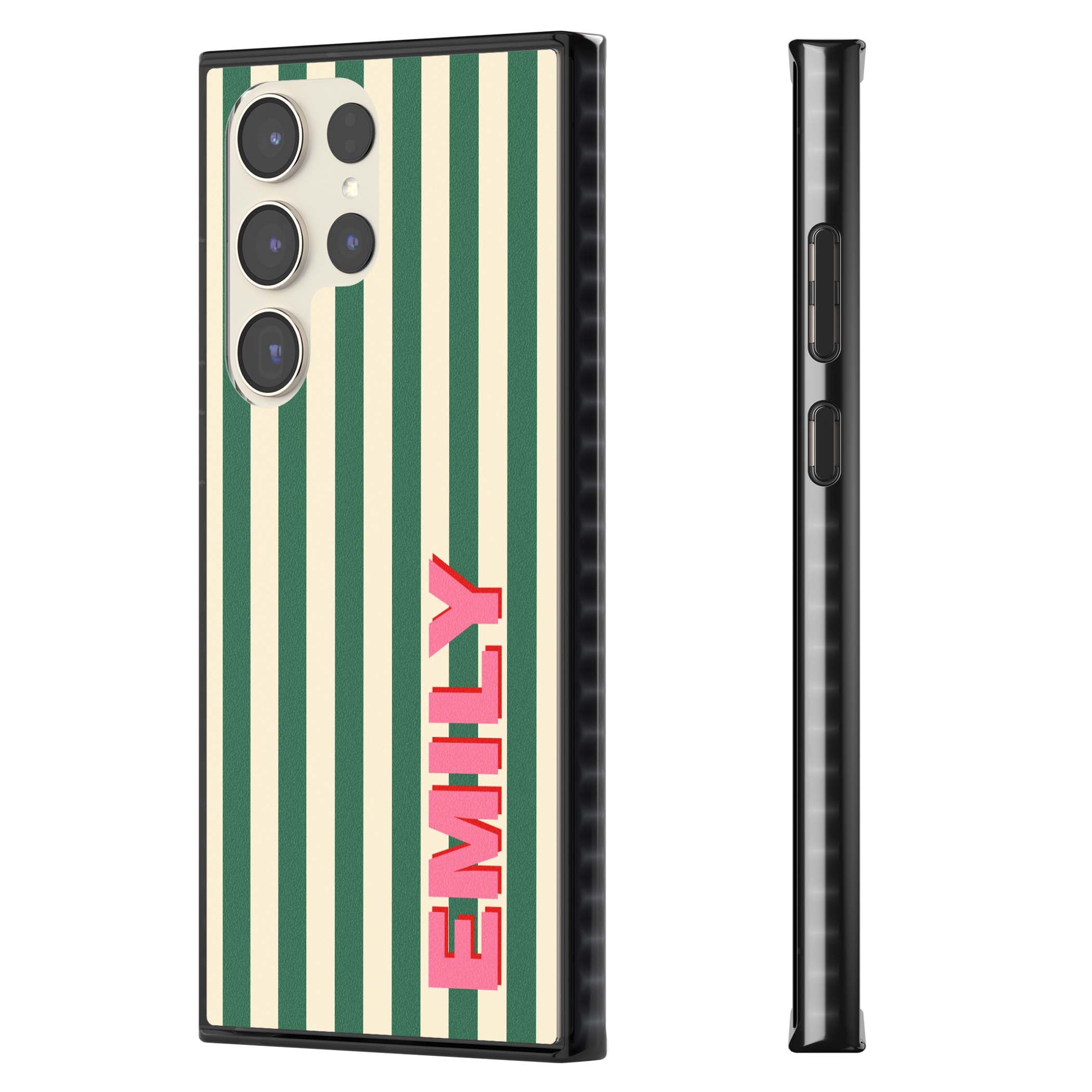 Wimbledon Stripe preppy iPhone case featuring green and cream vertical stripes with a personalised pink name | Black Impact case for Samsung Galaxy S24 Ultra, Samsung Galaxy S23 Ultra, Samsung Galaxy S22 Ultra