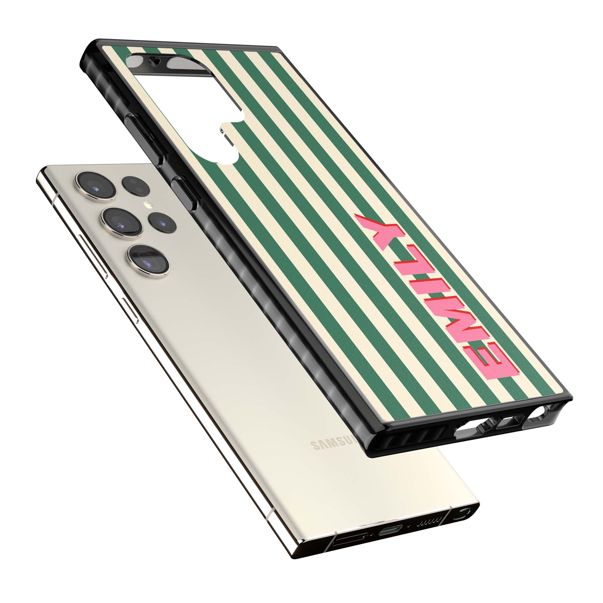 Wimbledon Stripe preppy iPhone case featuring green and cream vertical stripes with a personalised pink name | Black Impact case for Samsung Galaxy S24 Ultra, Samsung Galaxy S23 Ultra, Samsung Galaxy S22 Ultra