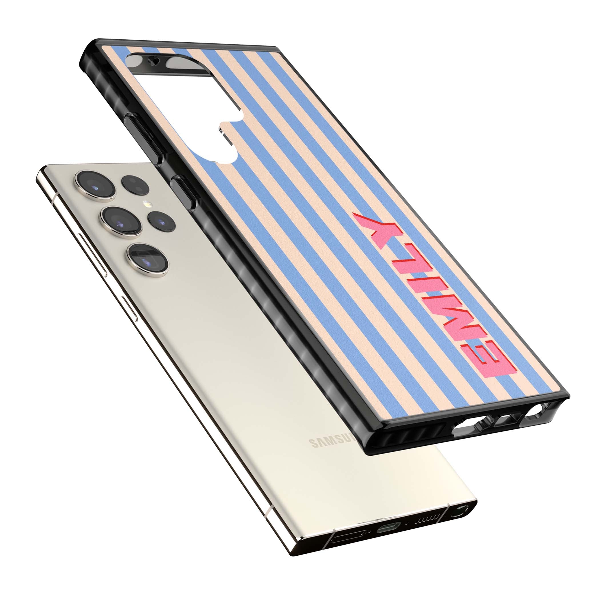 Coastal Stripe personalised coastal iPhone case with blue and peach vertical stripes and custom pink name | Black Impact case for Samsung Galaxy S24 Ultra, Samsung Galaxy S23 Ultra, Samsung Galaxy S22 Ultra
