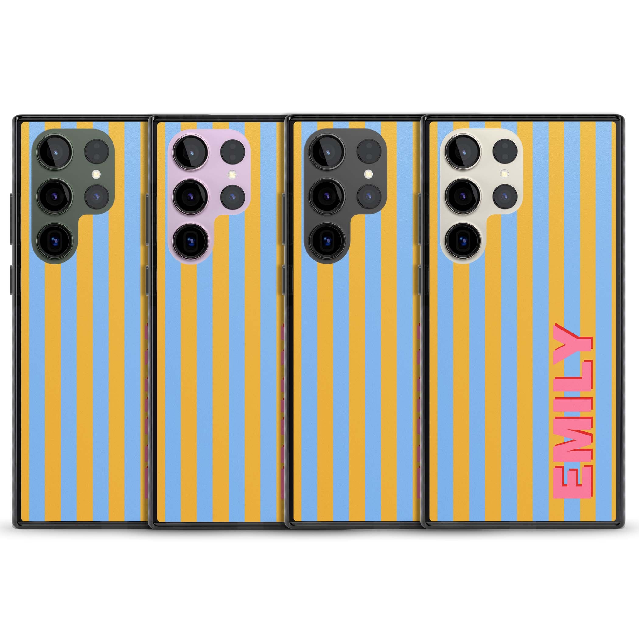 Carribean Stripe personalised coastal iPhone case with yellow and blue vertical stripes and a custom pink name | Black Impact case for Samsung Galaxy S24 Ultra, Samsung Galaxy S23 Ultra, Samsung Galaxy S22 Ultra