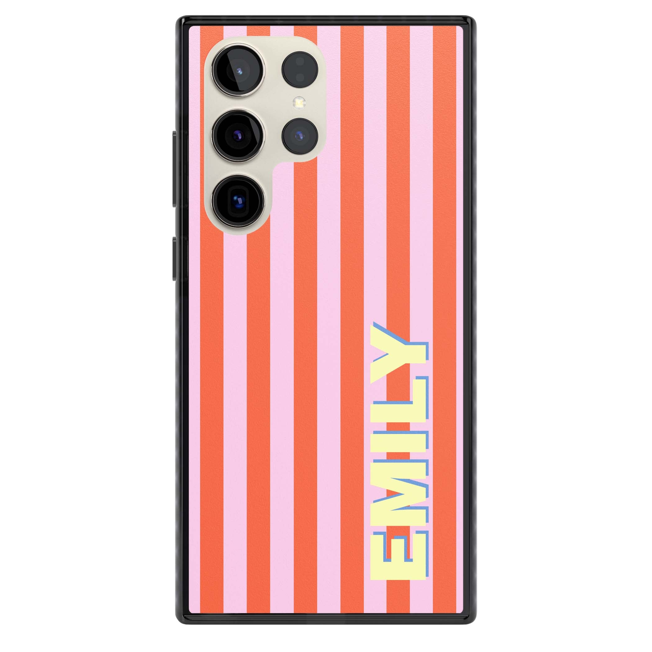Havana Stripe personalised iPhone case featuring pink and orange vertical stripes with a custom yellow name | Black Impact case for Samsung Galaxy S24 Ultra, Samsung Galaxy S23 Ultra, Samsung Galaxy S22 Ultra