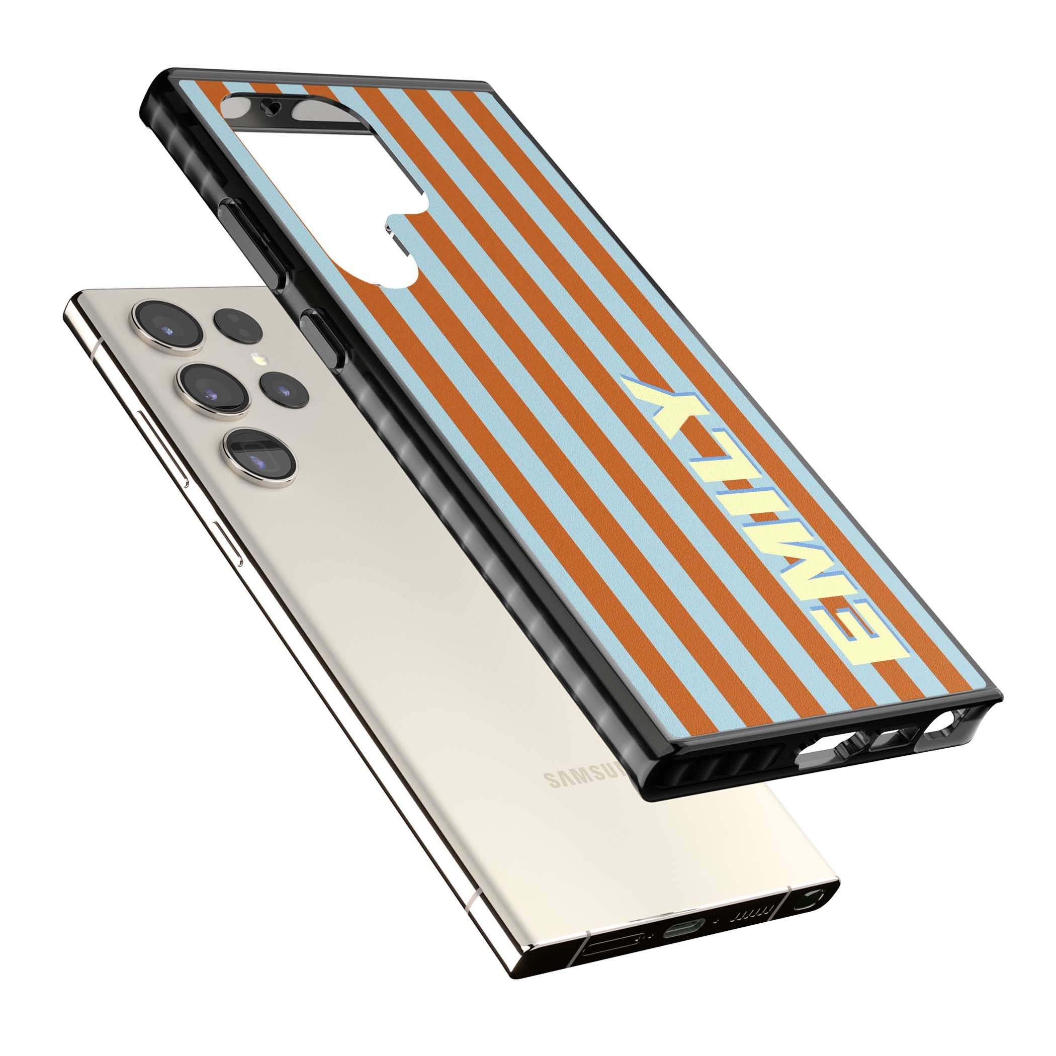 Cappadocia Stripe personalised coastal iPhone case featuring blue and orange vertical stripes with custom cream name | Black Impact case for Samsung Galaxy S24 Ultra, Samsung Galaxy S23 Ultra, Samsung Galaxy S22 Ultra
