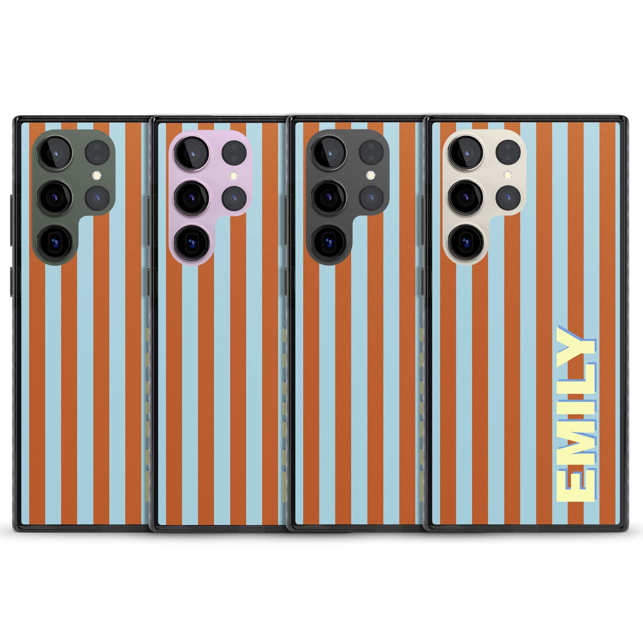 Cappadocia Stripe personalised coastal iPhone case featuring blue and orange vertical stripes with custom cream name | Black Impact case for Samsung Galaxy S24 Ultra, Samsung Galaxy S23 Ultra, Samsung Galaxy S22 Ultra