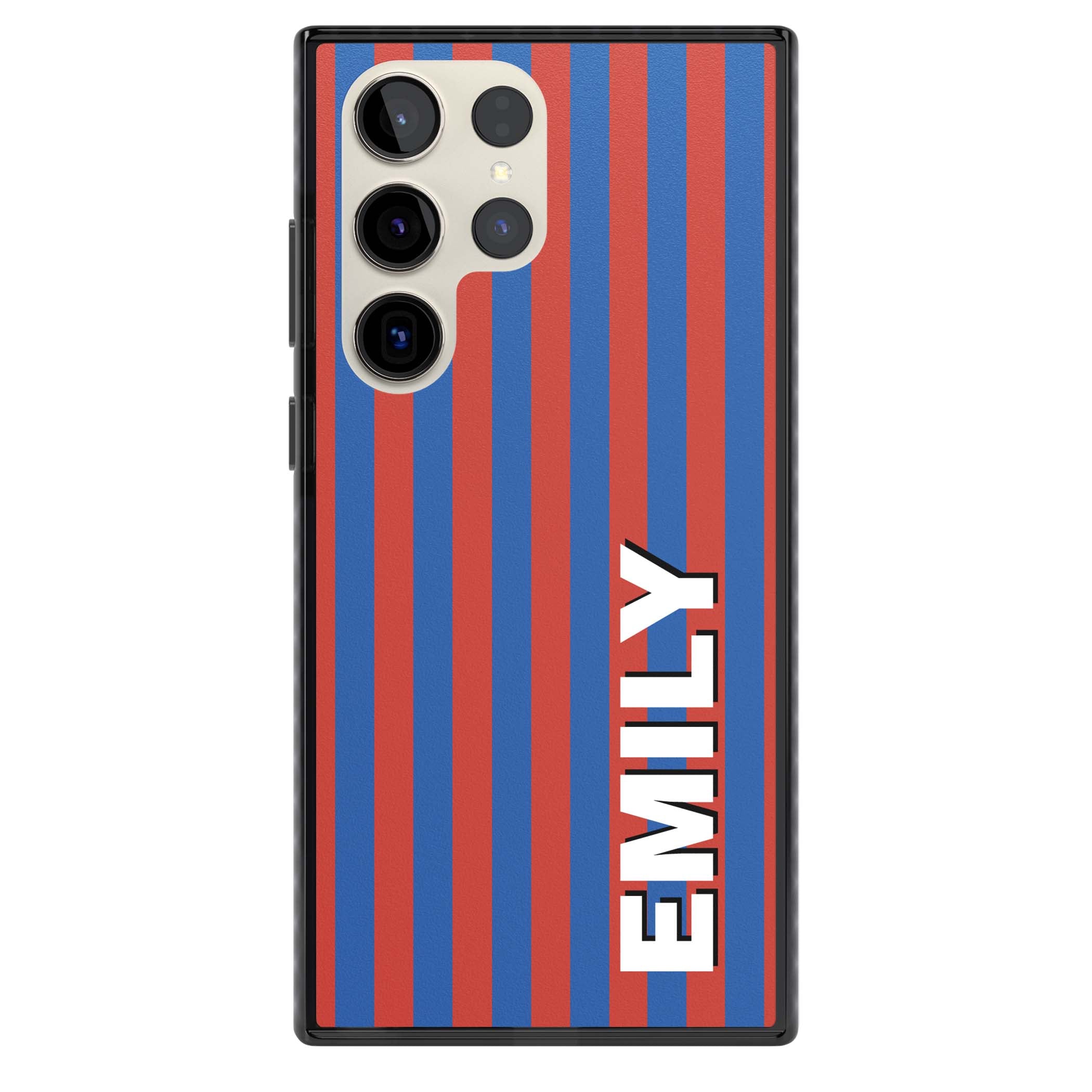 Cuban Stripe personalised iPhone case featuring red and blue vertical stripes with custom name in bold white letters | Black Impact case for Samsung Galaxy S24 Ultra, Samsung Galaxy S23 Ultra, Samsung Galaxy S22 Ultra