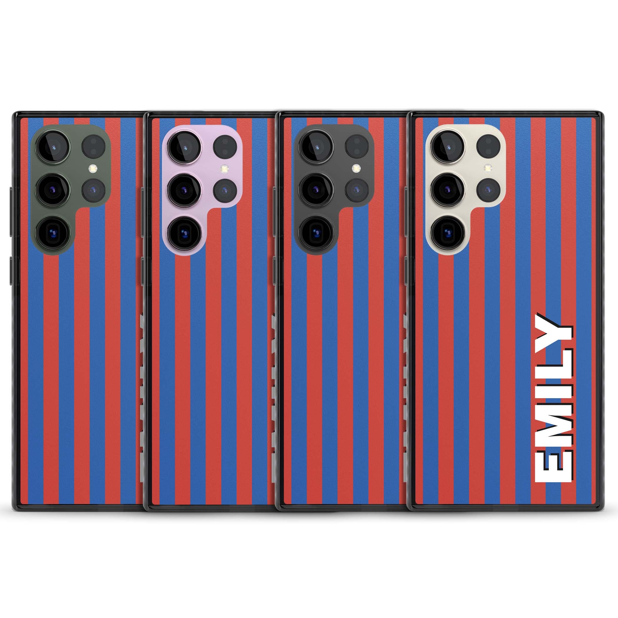 Cuban Stripe personalised iPhone case featuring red and blue vertical stripes with custom name in bold white letters | Black Impact case for Samsung Galaxy S24 Ultra, Samsung Galaxy S23 Ultra, Samsung Galaxy S22 Ultra