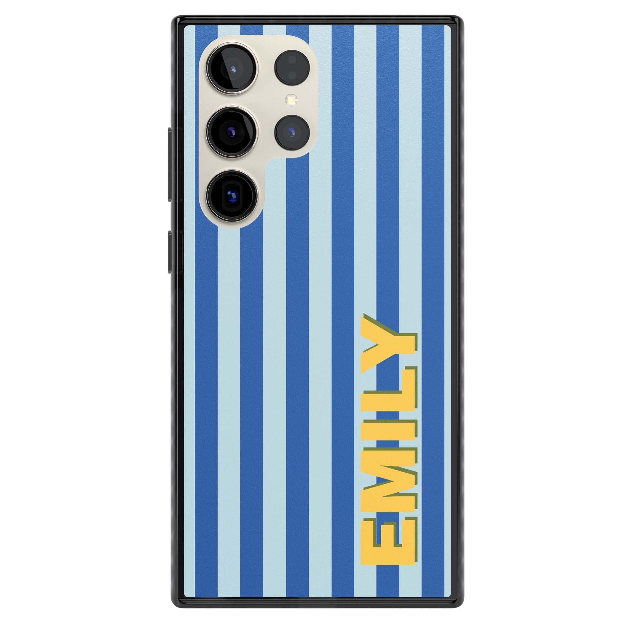 Athenian Stripe personalised preppy iPhone case featuring blue vertical stripes and a custom yellow name | Black Impact case for Samsung Galaxy S24 Ultra, Samsung Galaxy S23 Ultra, Samsung Galaxy S22 Ultra