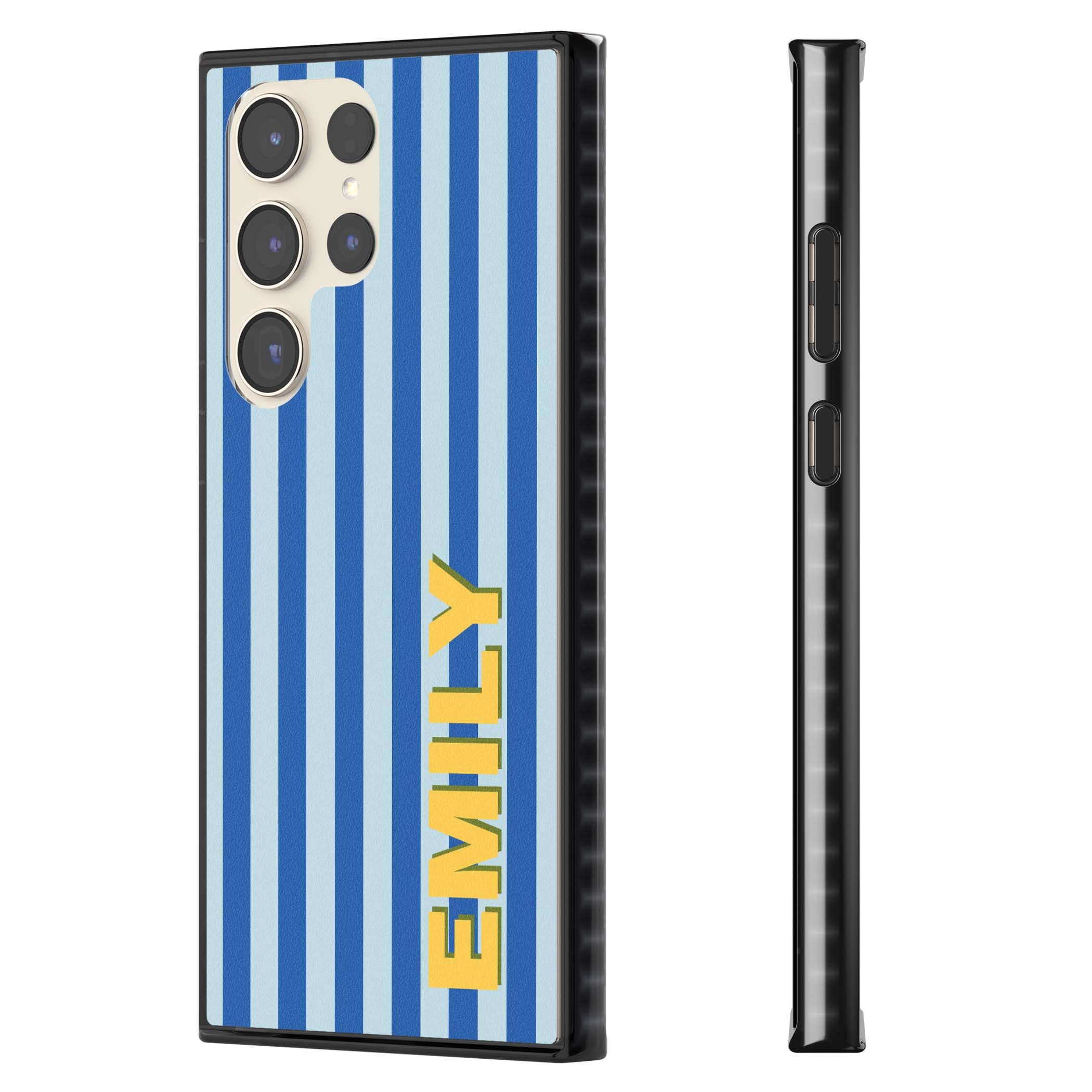 Athenian Stripe personalised preppy iPhone case featuring blue vertical stripes and a custom yellow name | Black Impact case for Samsung Galaxy S24 Ultra, Samsung Galaxy S23 Ultra, Samsung Galaxy S22 Ultra