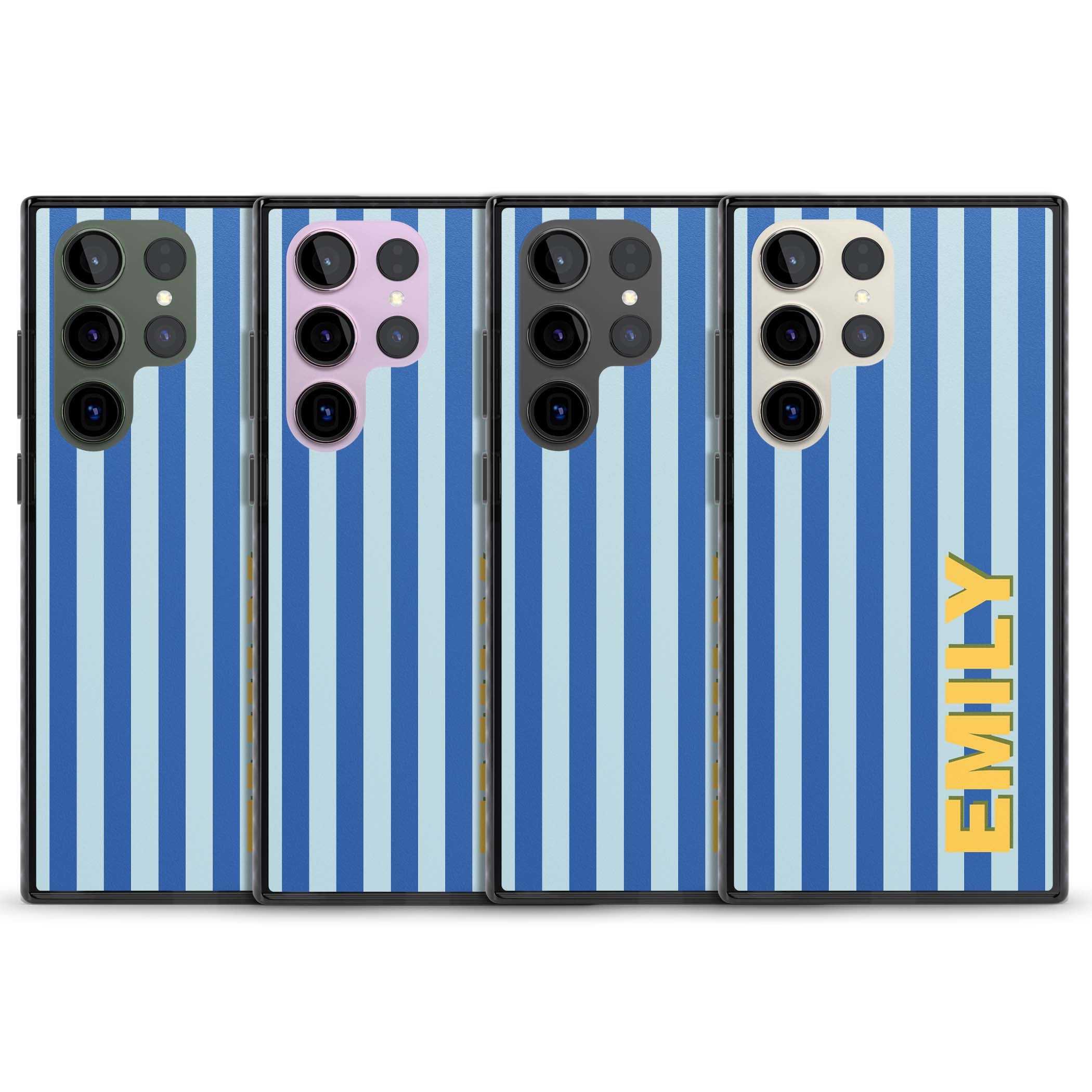 Athenian Stripe personalised preppy iPhone case featuring blue vertical stripes and a custom yellow name | Black Impact case for Samsung Galaxy S24 Ultra, Samsung Galaxy S23 Ultra, Samsung Galaxy S22 Ultra