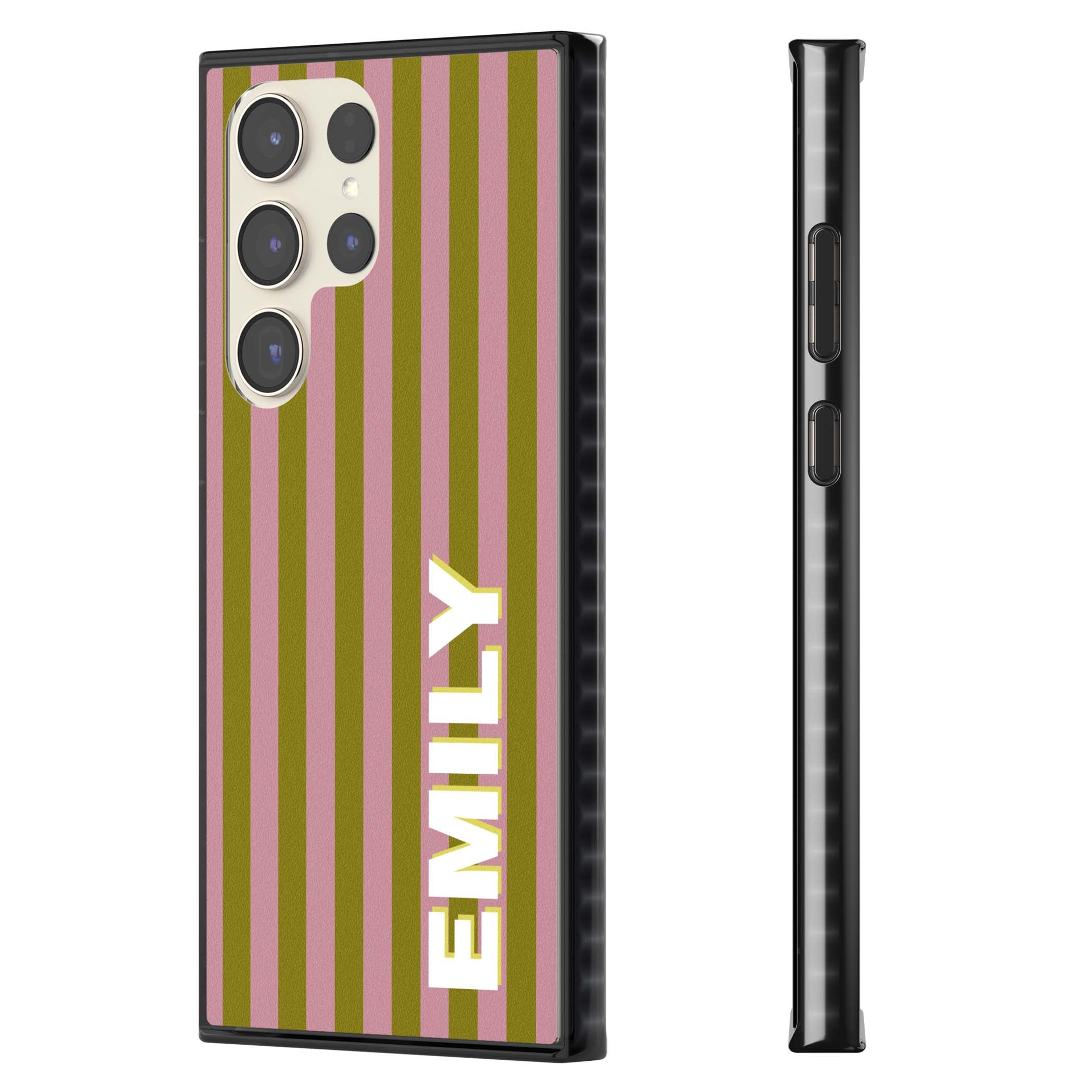 Istanbul Stripe personalised iPhone case featuring pink and olive green vertical stripes with a custom vertical name | Black Impact case for Samsung Galaxy S24 Ultra, Samsung Galaxy S23 Ultra, Samsung Galaxy S22 Ultra
