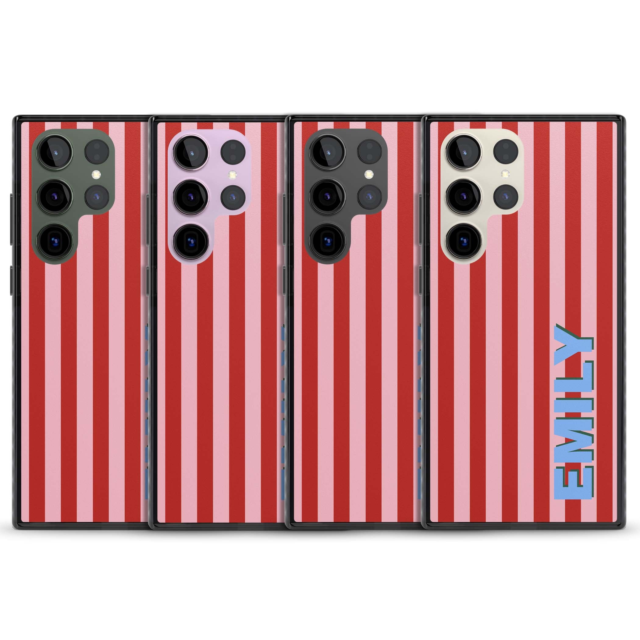 Market Stripe personalised iPhone case with red and pink vertical stripes and custom blue name | Black Impact case for Samsung Galaxy S24 Ultra, Samsung Galaxy S23 Ultra, Samsung Galaxy S22 Ultra
