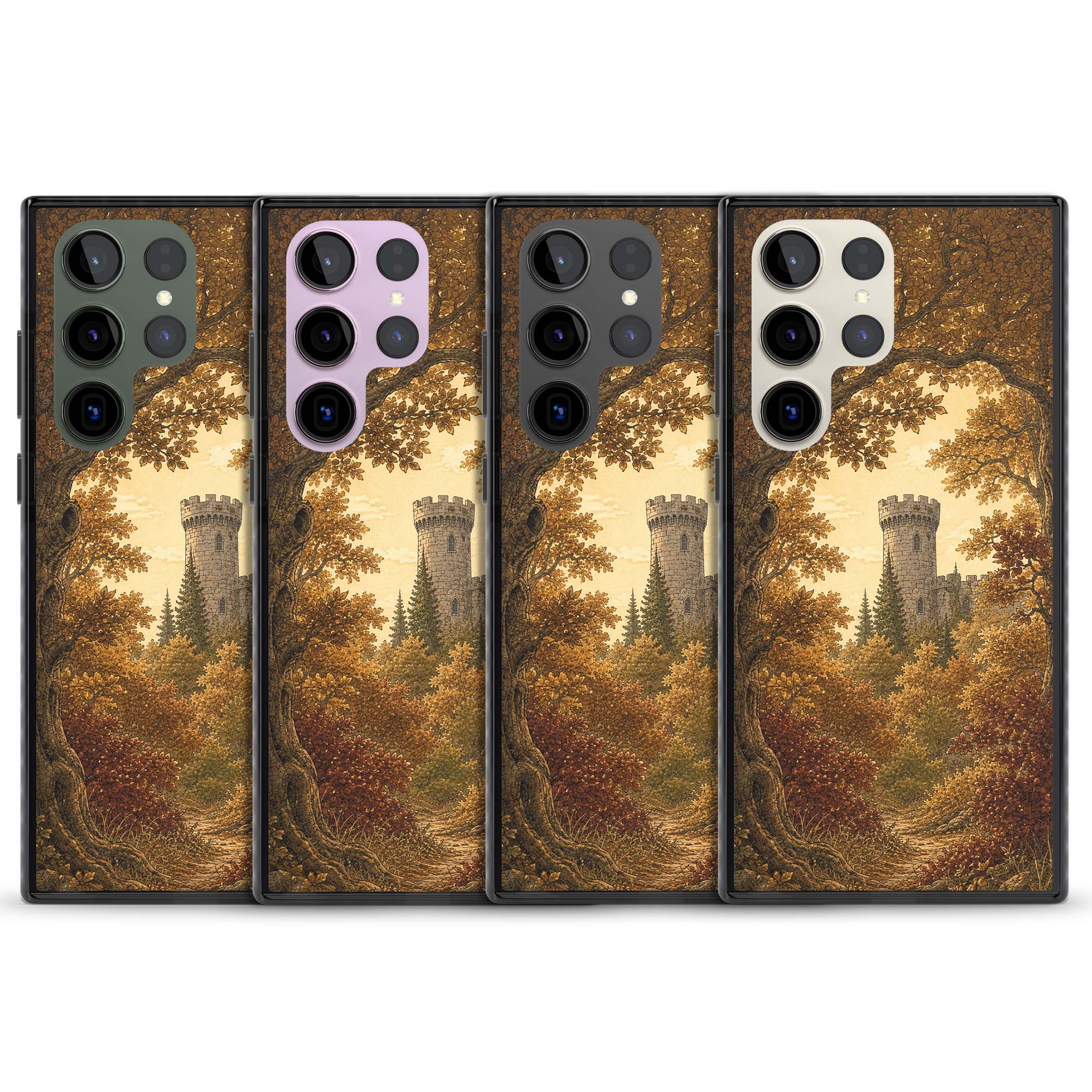 Autumn Keep cottagecore iPhone case featuring a medieval castle tower framed by golden autumn trees and woodland foliage | Black Impact case for Samsung Galaxy S24 Ultra, Samsung Galaxy S23 Ultra, Samsung Galaxy S22 Ultra