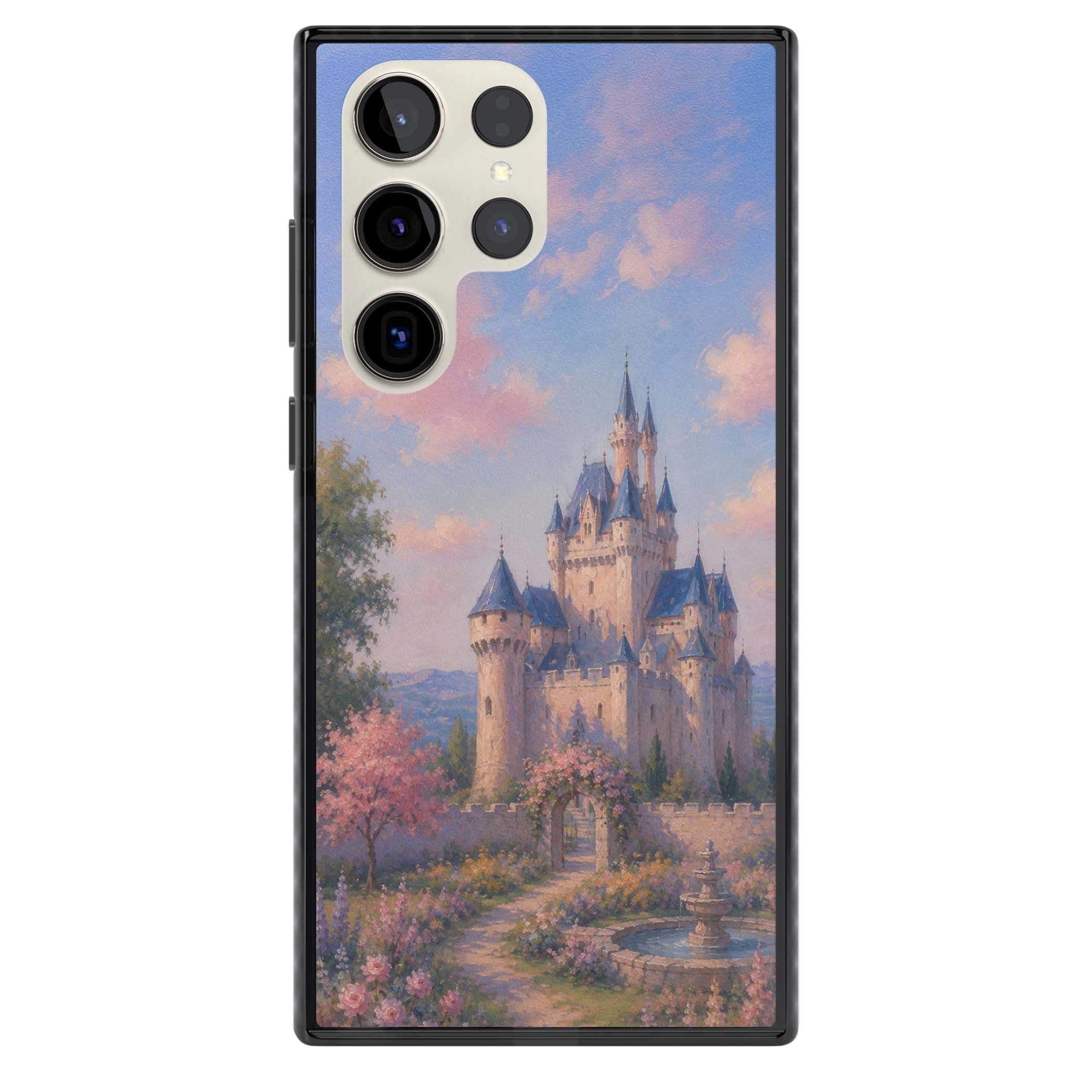 Enchanted Kingdom fairytale iPhone case featuring a romantic castle painting with cherry blossoms and pastel pink sky | Black Impact case for Samsung Galaxy S24 Ultra, Samsung Galaxy S23 Ultra, Samsung Galaxy S22 Ultra