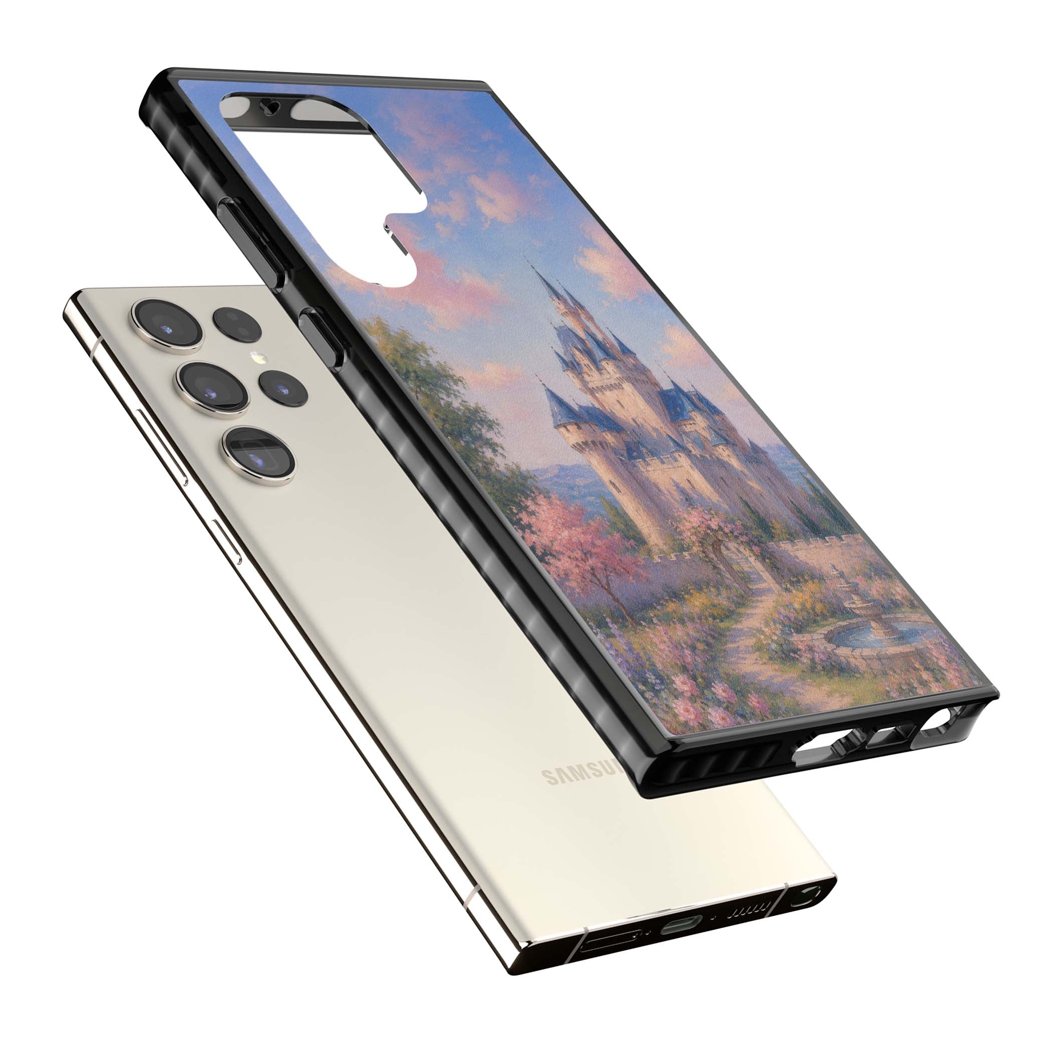 Enchanted Kingdom fairytale iPhone case featuring a romantic castle painting with cherry blossoms and pastel pink sky | Black Impact case for Samsung Galaxy S24 Ultra, Samsung Galaxy S23 Ultra, Samsung Galaxy S22 Ultra