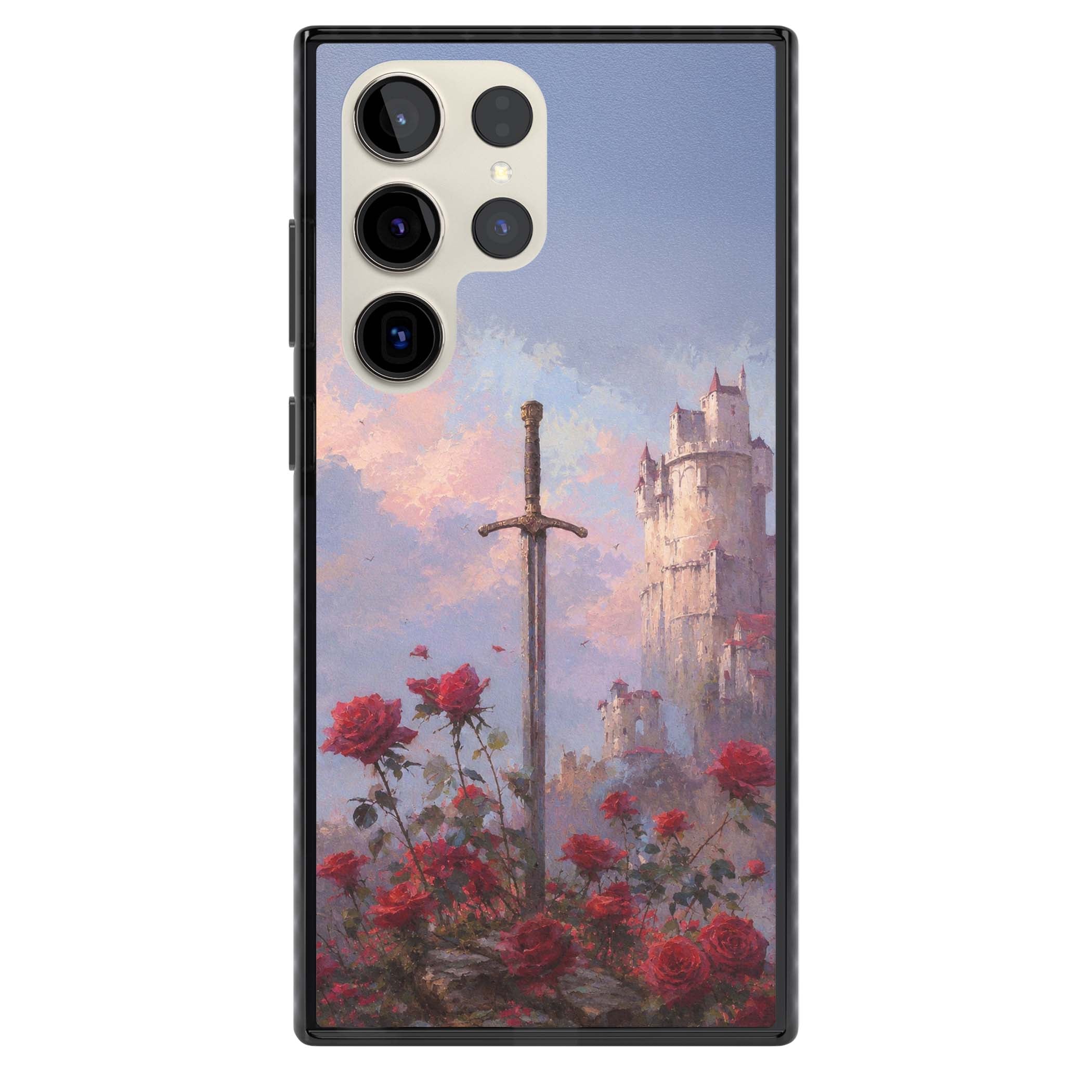 Sword in Roses medieval art iPhone case featuring a sword, red roses, and a misty fairytale castle at sunset | Black Impact case for Samsung Galaxy S24 Ultra, Samsung Galaxy S23 Ultra, Samsung Galaxy S22 Ultra