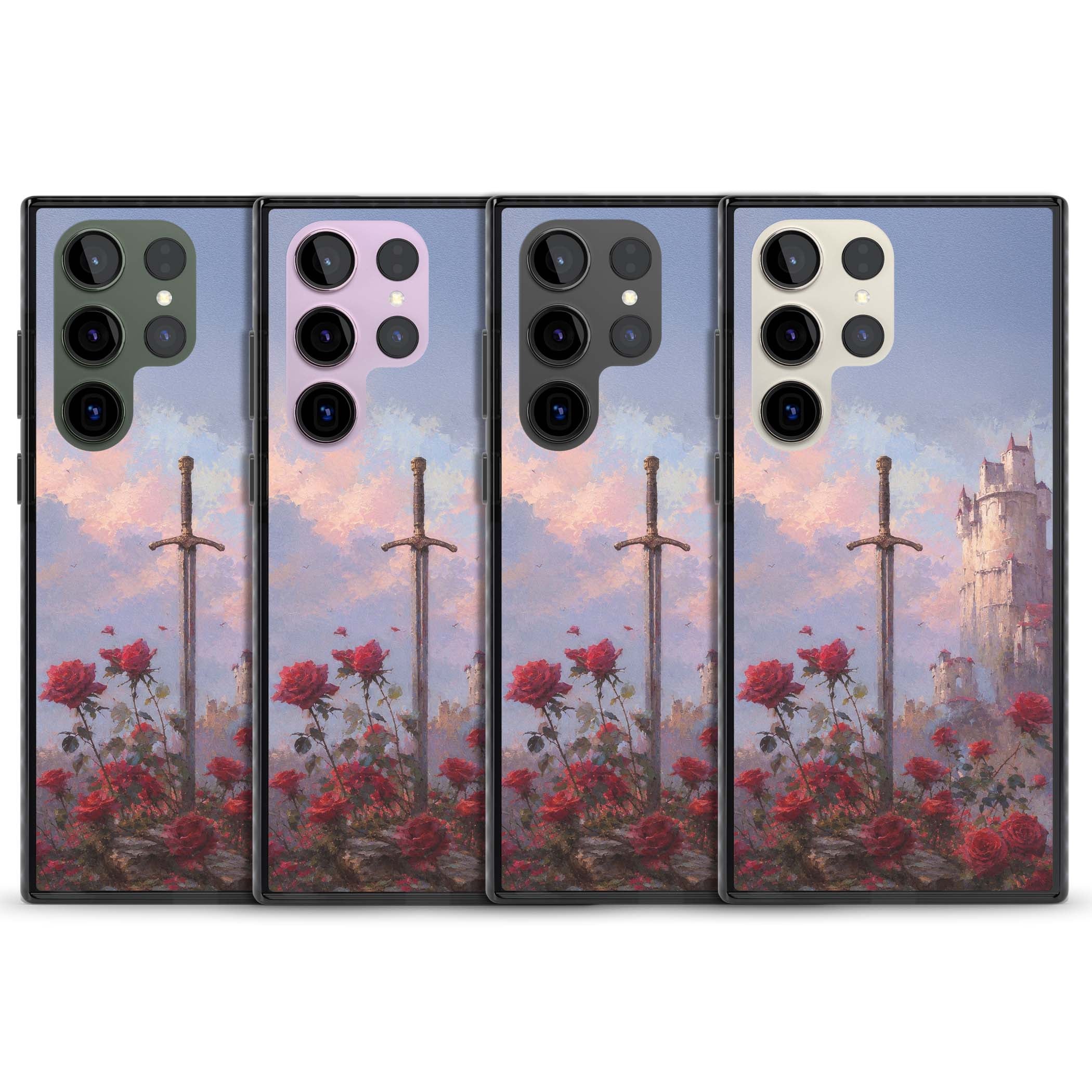 Sword in Roses medieval art iPhone case featuring a sword, red roses, and a misty fairytale castle at sunset | Black Impact case for Samsung Galaxy S24 Ultra, Samsung Galaxy S23 Ultra, Samsung Galaxy S22 Ultra