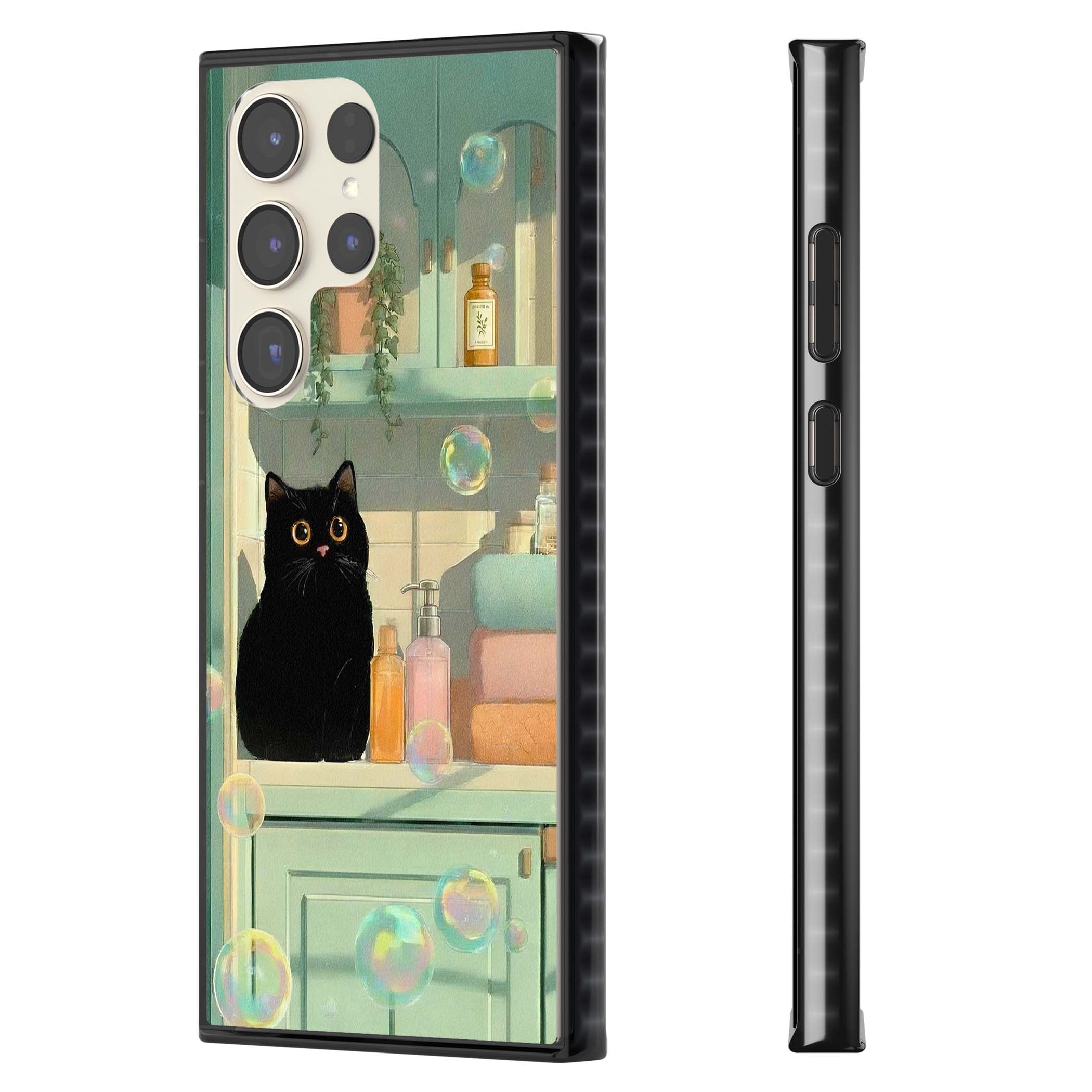 Bathroom Bubble Kitty cottagecore iPhone case featuring a black cat, mint bathroom scene and floating soap bubbles | Black Impact case for Samsung Galaxy S24 Ultra, Samsung Galaxy S23 Ultra, Samsung Galaxy S22 Ultra