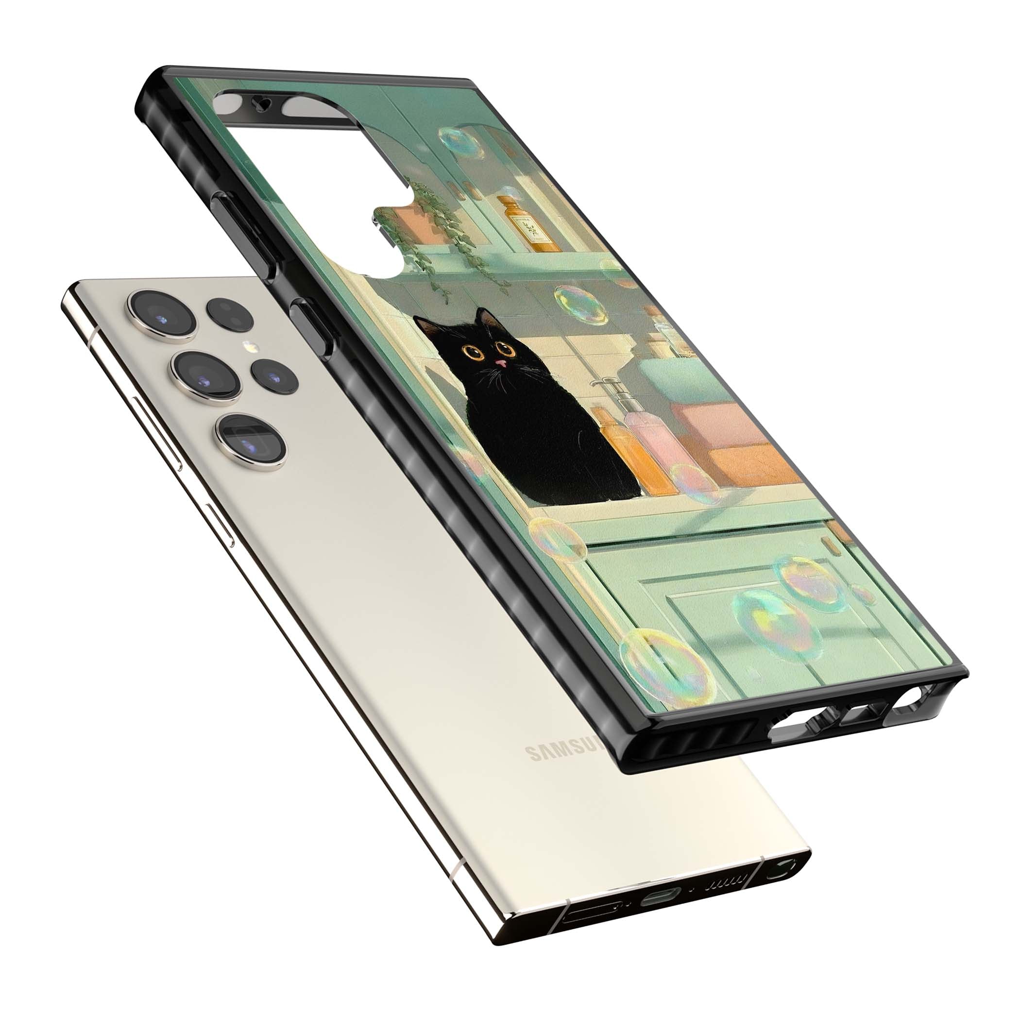 Bathroom Bubble Kitty cottagecore iPhone case featuring a black cat, mint bathroom scene and floating soap bubbles | Black Impact case for Samsung Galaxy S24 Ultra, Samsung Galaxy S23 Ultra, Samsung Galaxy S22 Ultra