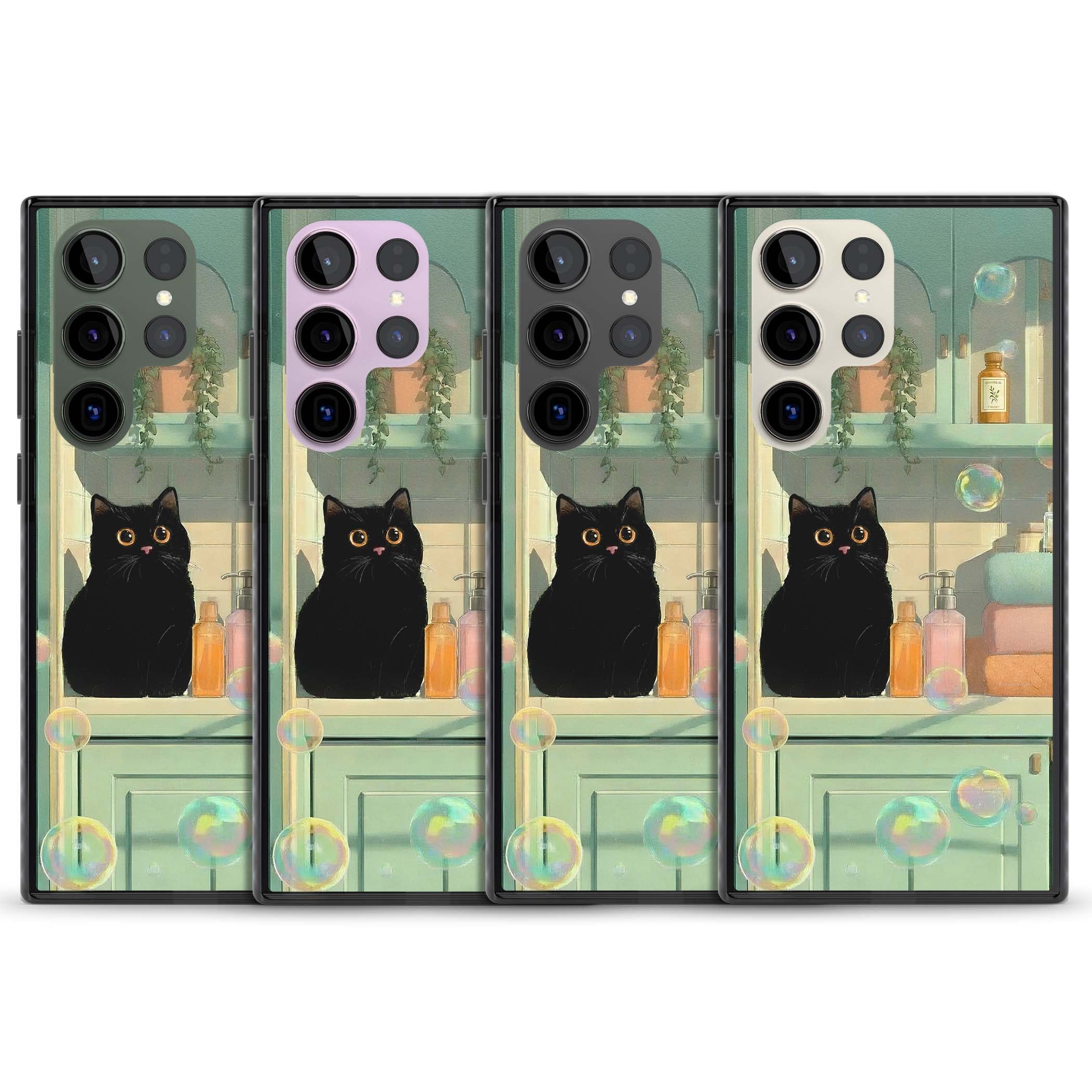 Bathroom Bubble Kitty cottagecore iPhone case featuring a black cat, mint bathroom scene and floating soap bubbles | Black Impact case for Samsung Galaxy S24 Ultra, Samsung Galaxy S23 Ultra, Samsung Galaxy S22 Ultra