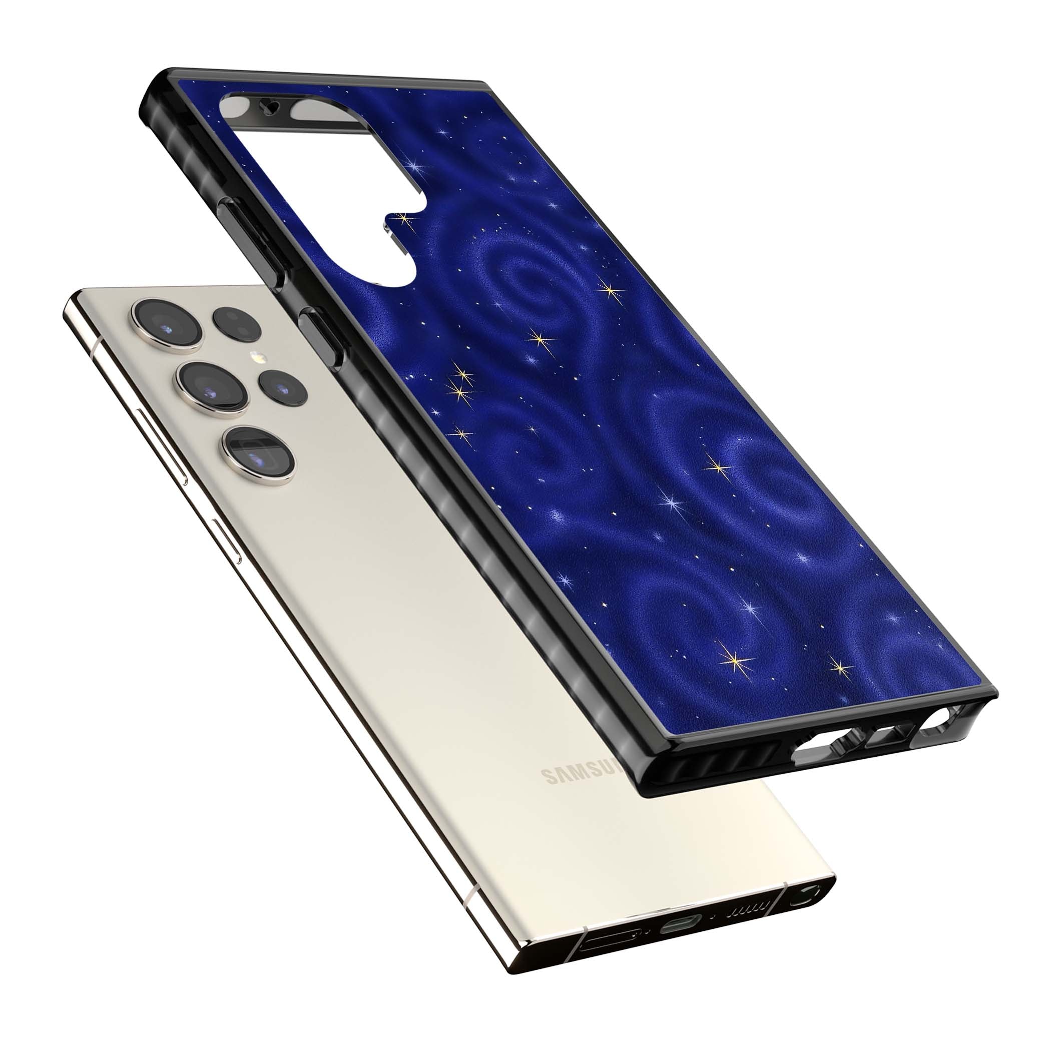 Indigo Cosmos celestial iPhone case featuring swirling navy night sky and sparkling golden stars | Black Impact case for Samsung Galaxy S24 Ultra, Samsung Galaxy S23 Ultra, Samsung Galaxy S22 Ultra
