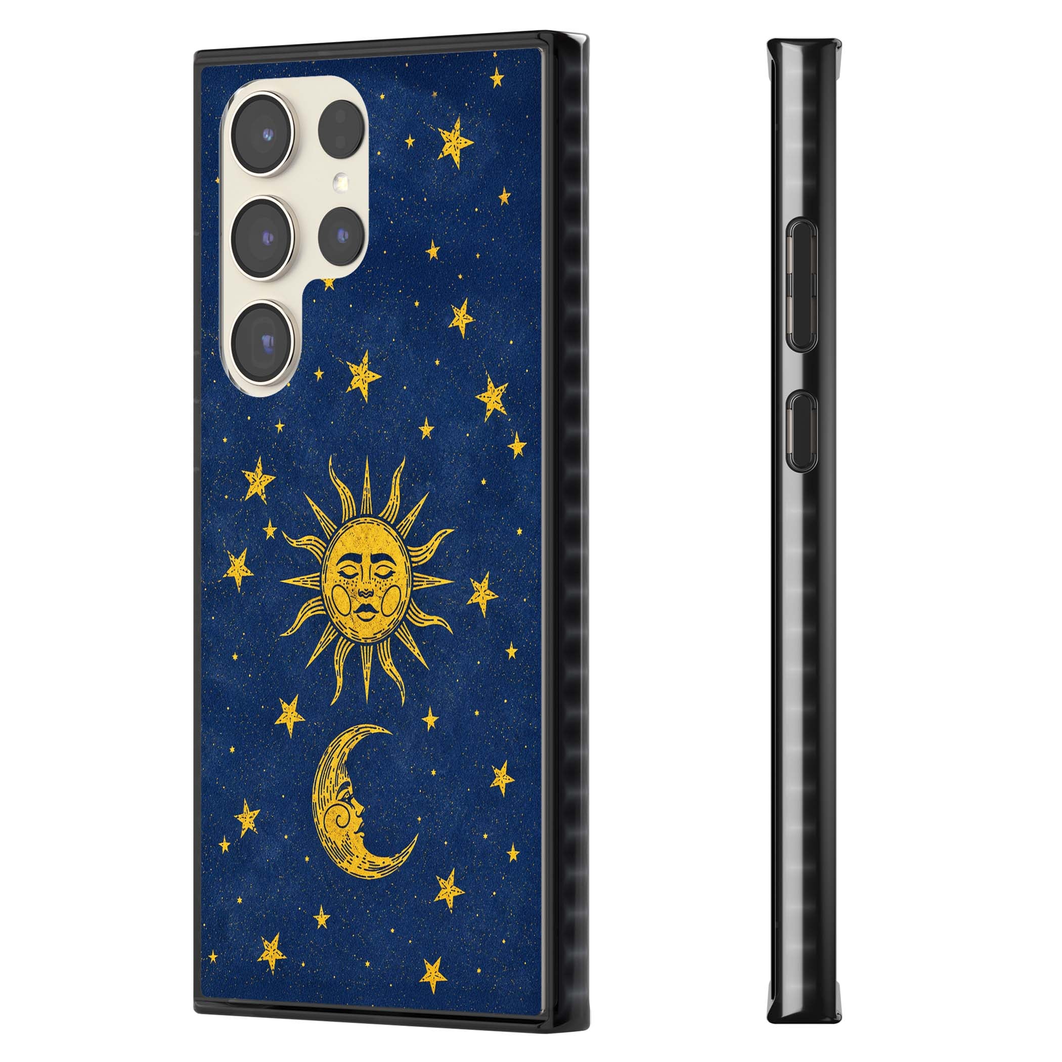 Sun & Moon Reverie celestial iPhone case featuring a vintage golden sun, crescent moon and scattered stars on midnight blue | Black Impact case for Samsung Galaxy S24 Ultra, Samsung Galaxy S23 Ultra, Samsung Galaxy S22 Ultra