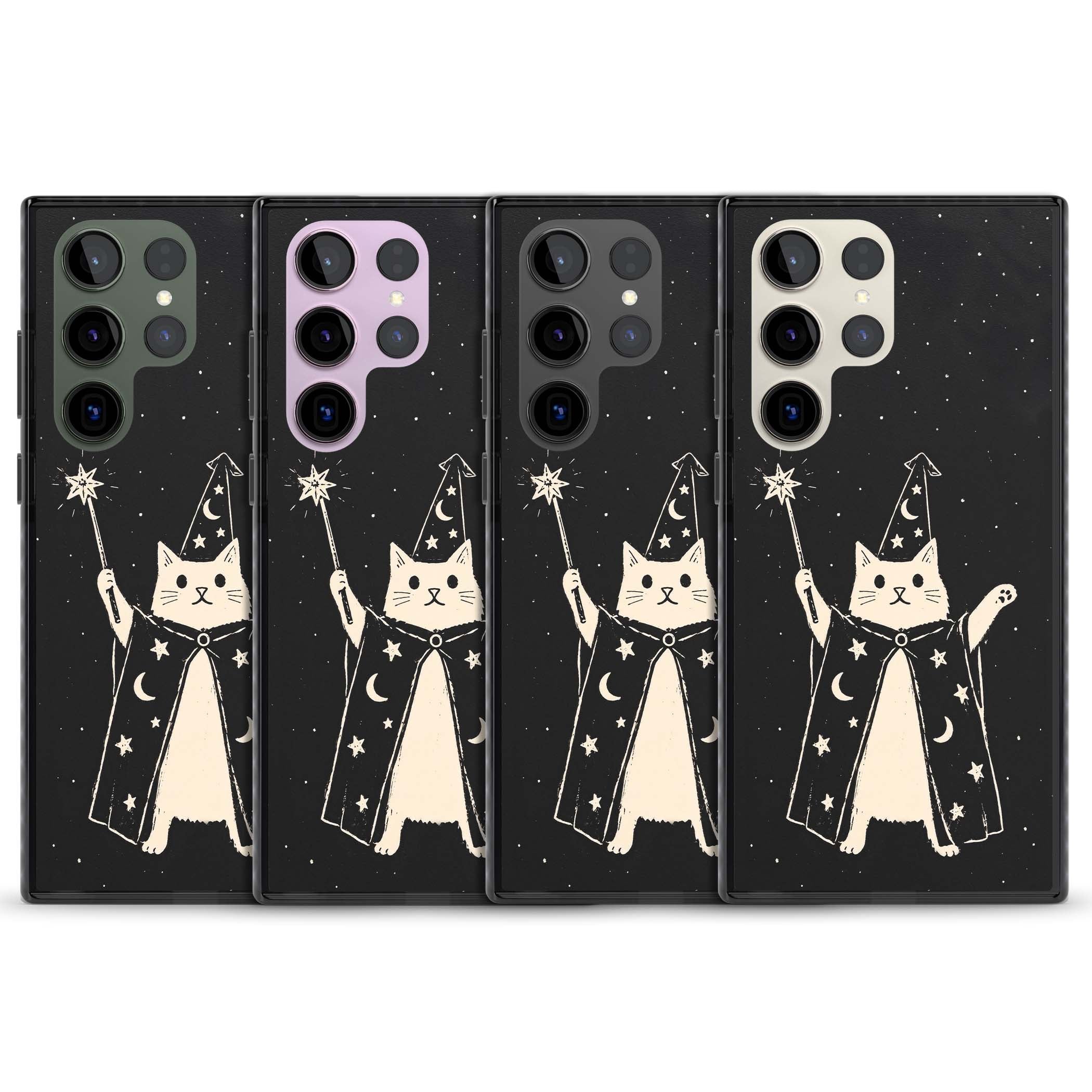 Whisker Wizard celestial cat iPhone case featuring a wizard cat with magic wand, starry night sky and crescent moons | Black Impact case for Samsung Galaxy S24 Ultra, Samsung Galaxy S23 Ultra, Samsung Galaxy S22 Ultra