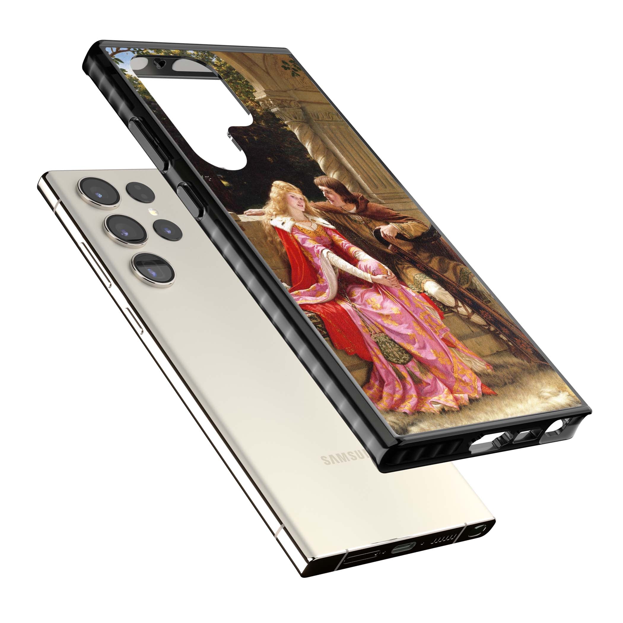 The End of the Song classic art iPhone case featuring a medieval lady in pink gown and her knight in a stone archway | Black Impact case for Samsung Galaxy S24 Ultra, Samsung Galaxy S23 Ultra, Samsung Galaxy S22 Ultra
