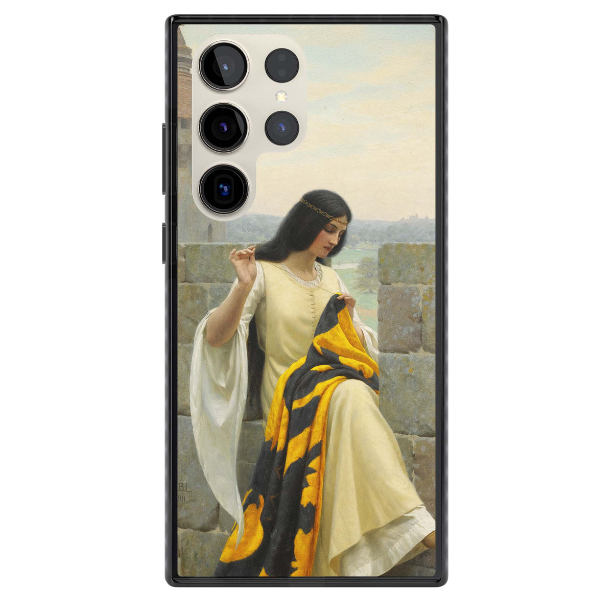 Stitching the Standard renaissance art iPhone case featuring a medieval lady sewing a golden banner on a castle wall | Black Impact case for Samsung Galaxy S24 Ultra, Samsung Galaxy S23 Ultra, Samsung Galaxy S22 Ultra