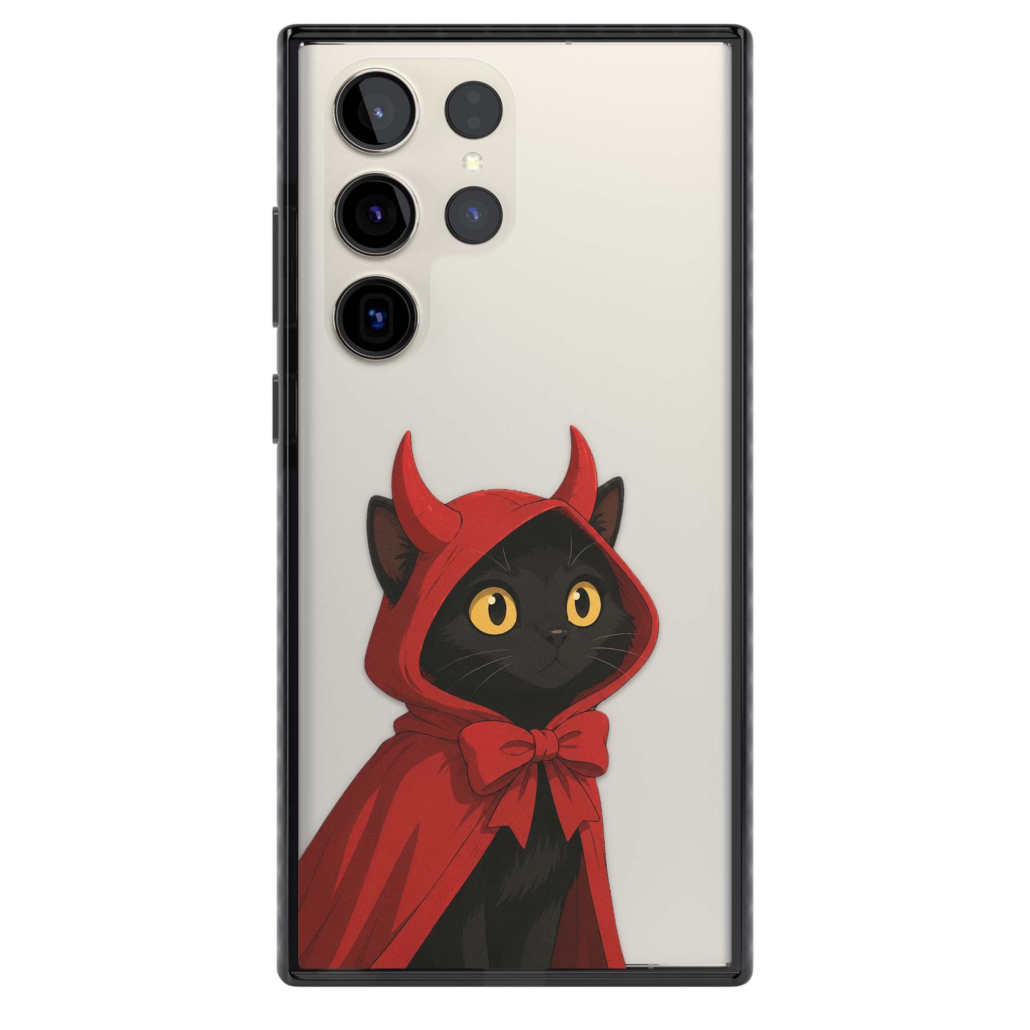 Little Devil halloween iPhone case featuring a black cat in a red hooded devil cloak with horns and golden eyes | Black Impact case for Samsung Galaxy S24 Ultra, Samsung Galaxy S23 Ultra, Samsung Galaxy S22 Ultra