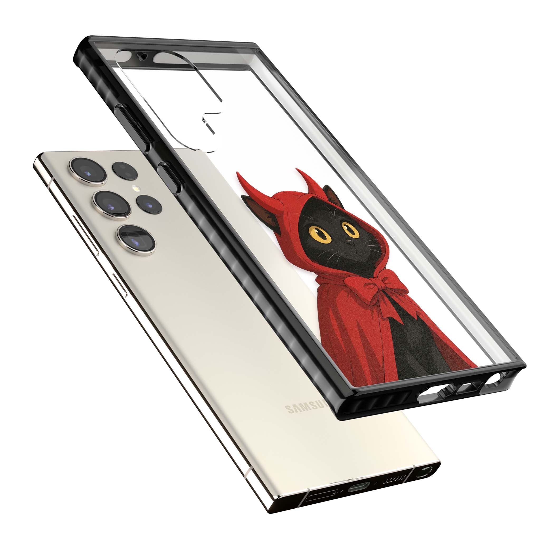 Little Devil halloween iPhone case featuring a black cat in a red hooded devil cloak with horns and golden eyes | Black Impact case for Samsung Galaxy S24 Ultra, Samsung Galaxy S23 Ultra, Samsung Galaxy S22 Ultra